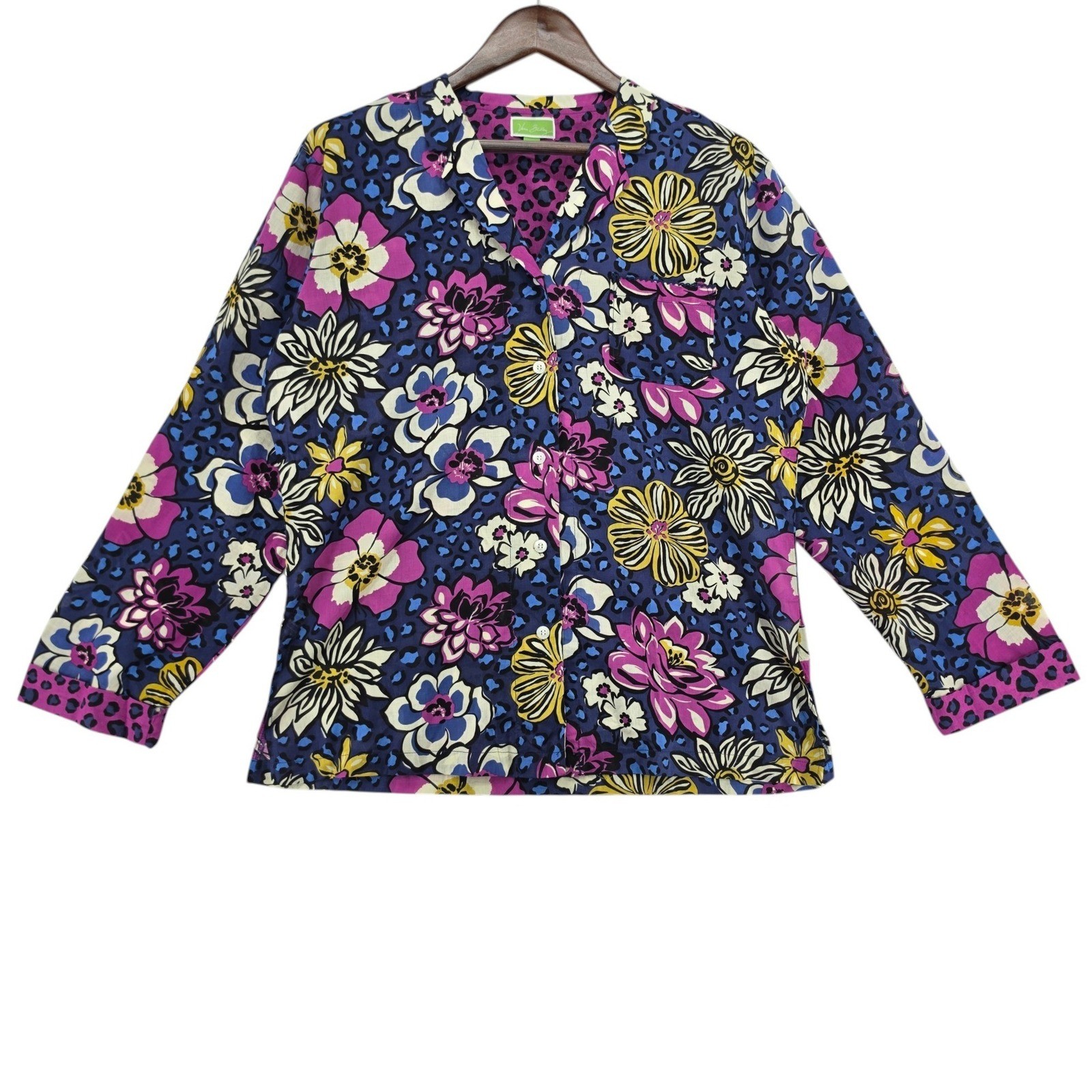 Vera Bradley Floral Button Shirt L Cotton Blue Pink Boho Cottagecore Top EUC