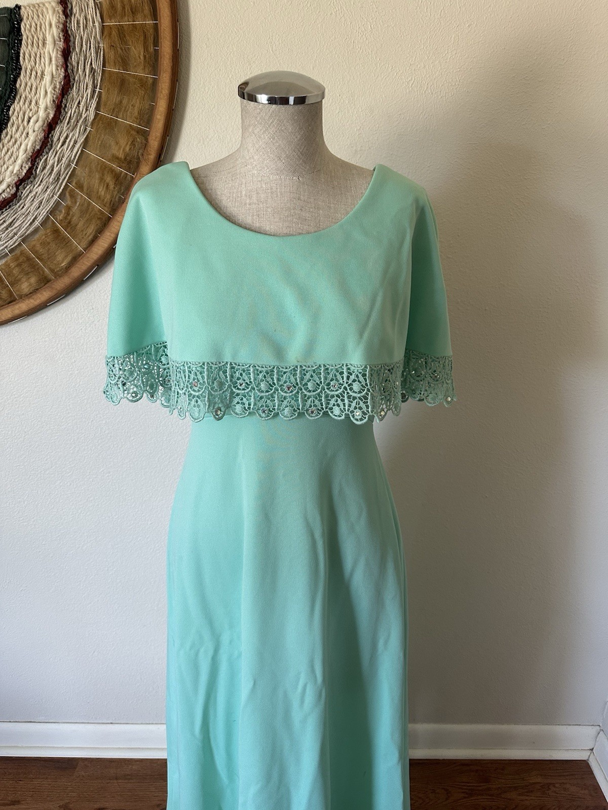 Vintage 70s Miss Rubette Formal Mint Green Max Dress Lace Woman’s S/M