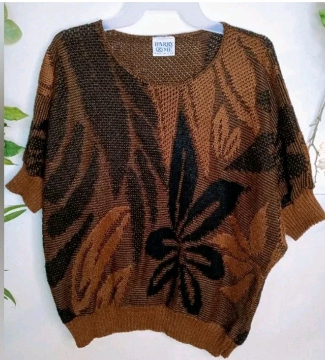 Vintage 80s Barry & Me Boho Dolman Knit Brown Black Floral Sweater Sz L/XL