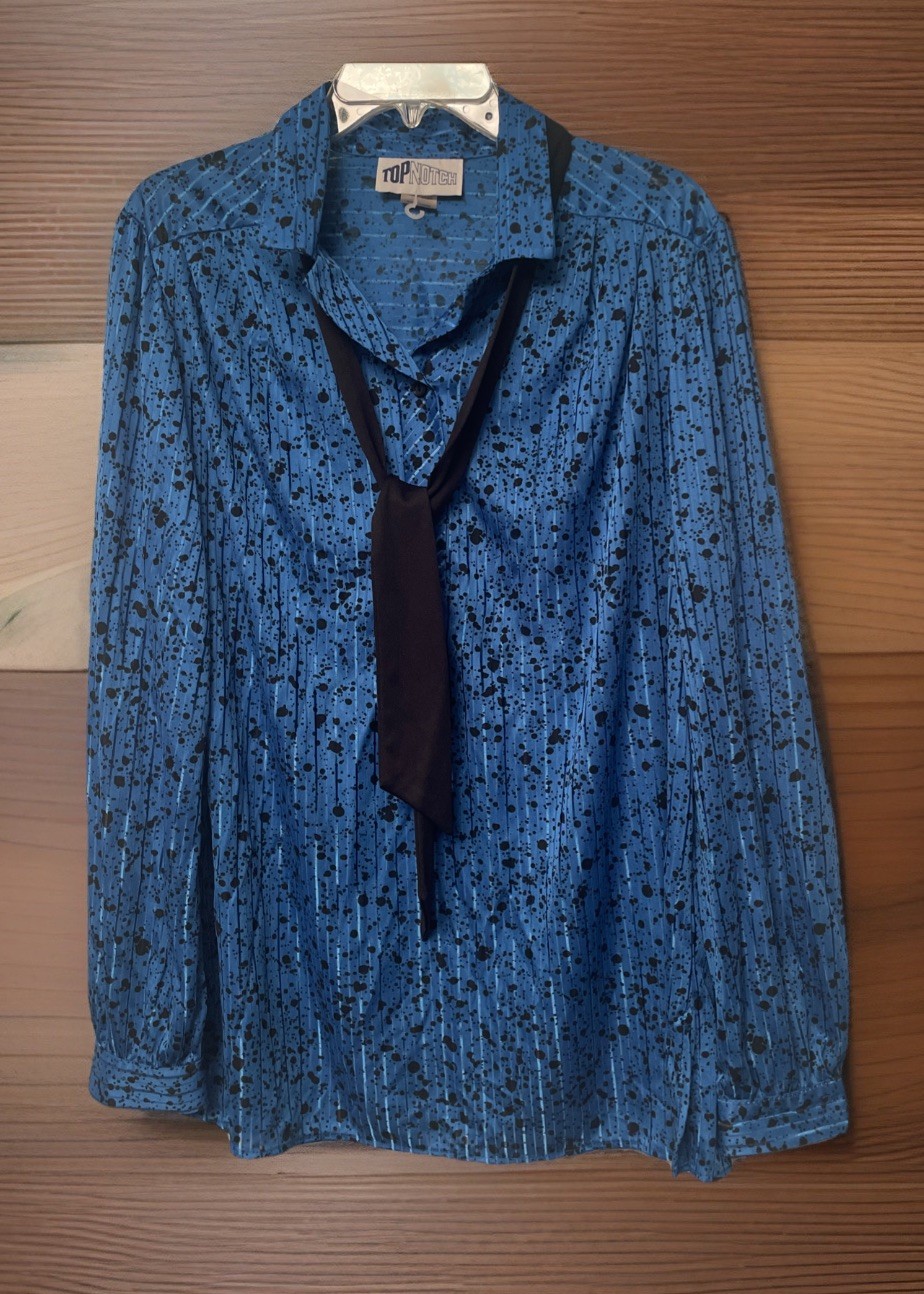 90s Vintage Top Notch Shirt Women40/20w Blue pattern Print Collar Tie Made USA