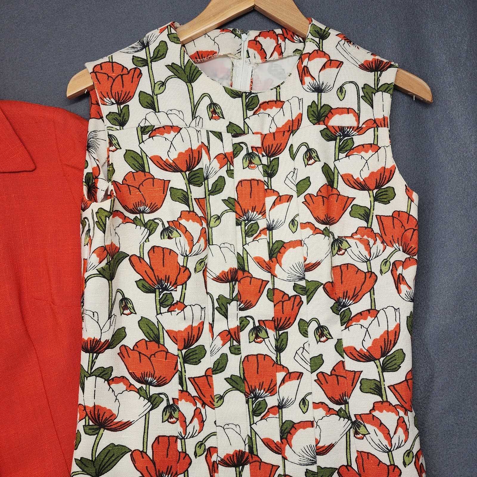 Vtg 60s Handmade Womens 2 Piece Dress Top Set Orange Floral Mod Pleat Belt Twee