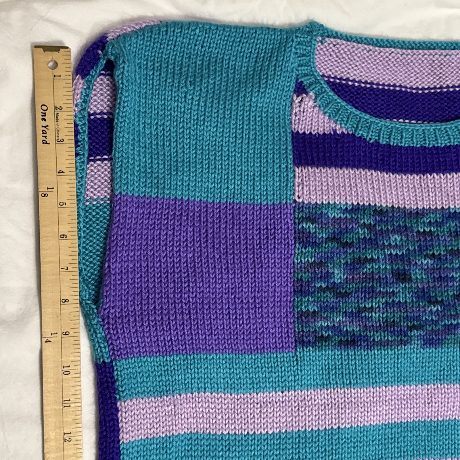 Vintage Handmade Knitted Purple Turquoise Colorblock Sleeveless Sweater Vest XL