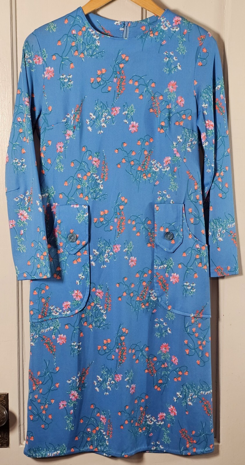 Vtg. Handmade Dress Women’s 36″ Chest Blue Orange Green Floral Polyester Shift