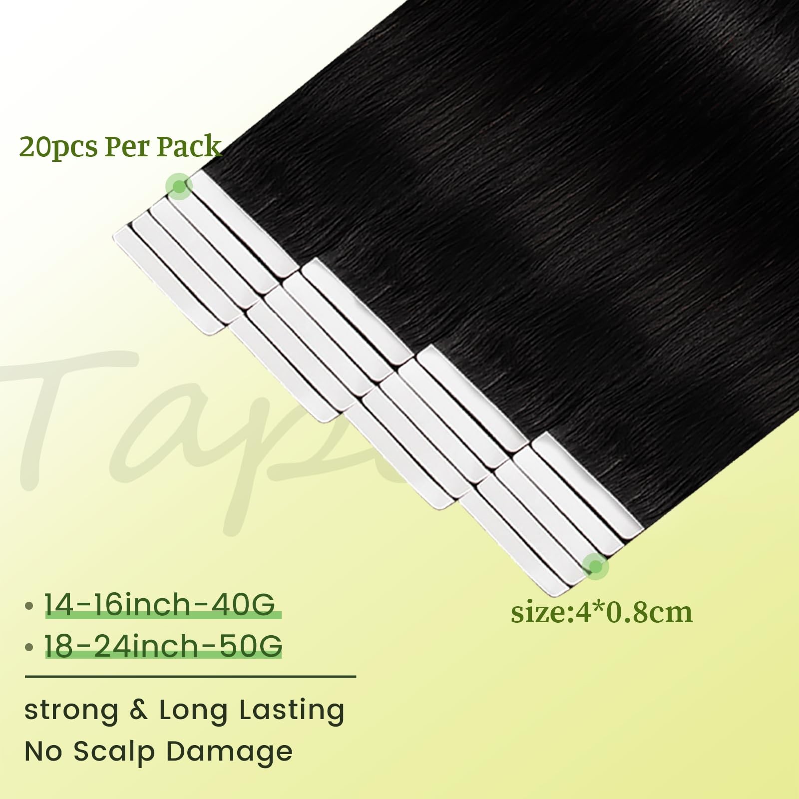 DNE 18″ Jet Black Remy Tape-In Human Hair Extensions 20pc/50g Straight