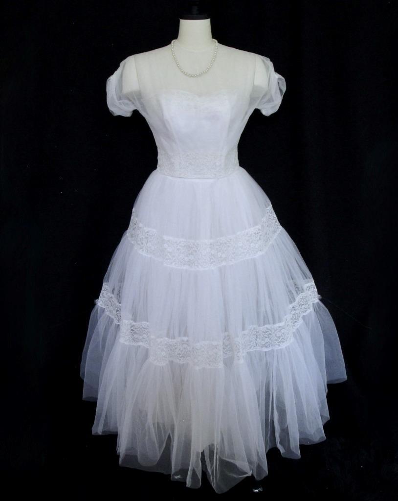 Vintage 50s Emma Domb White Tulle & Lace 2pc Wedding or Prom Dress Tiered Ruffle