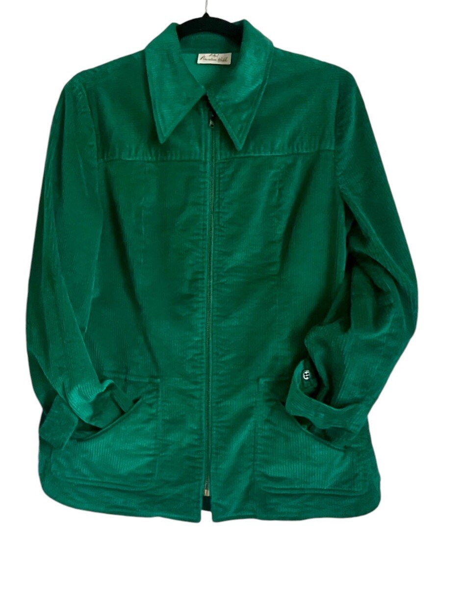 1970s Women’s Austin Hill Green Corduroy Dagger Collar Metal Zip Jacket Shacket
