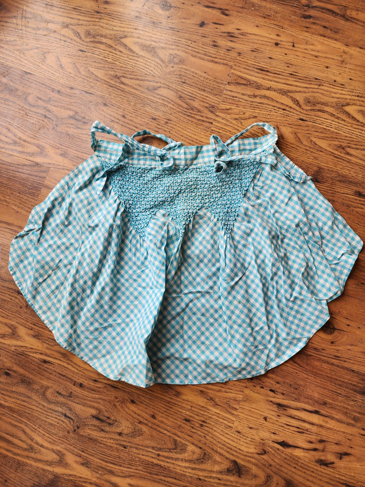 Vintage Teal Gingham Waist Apron Handmade Cooking Crafts Dressup. 17×21 In. Ties