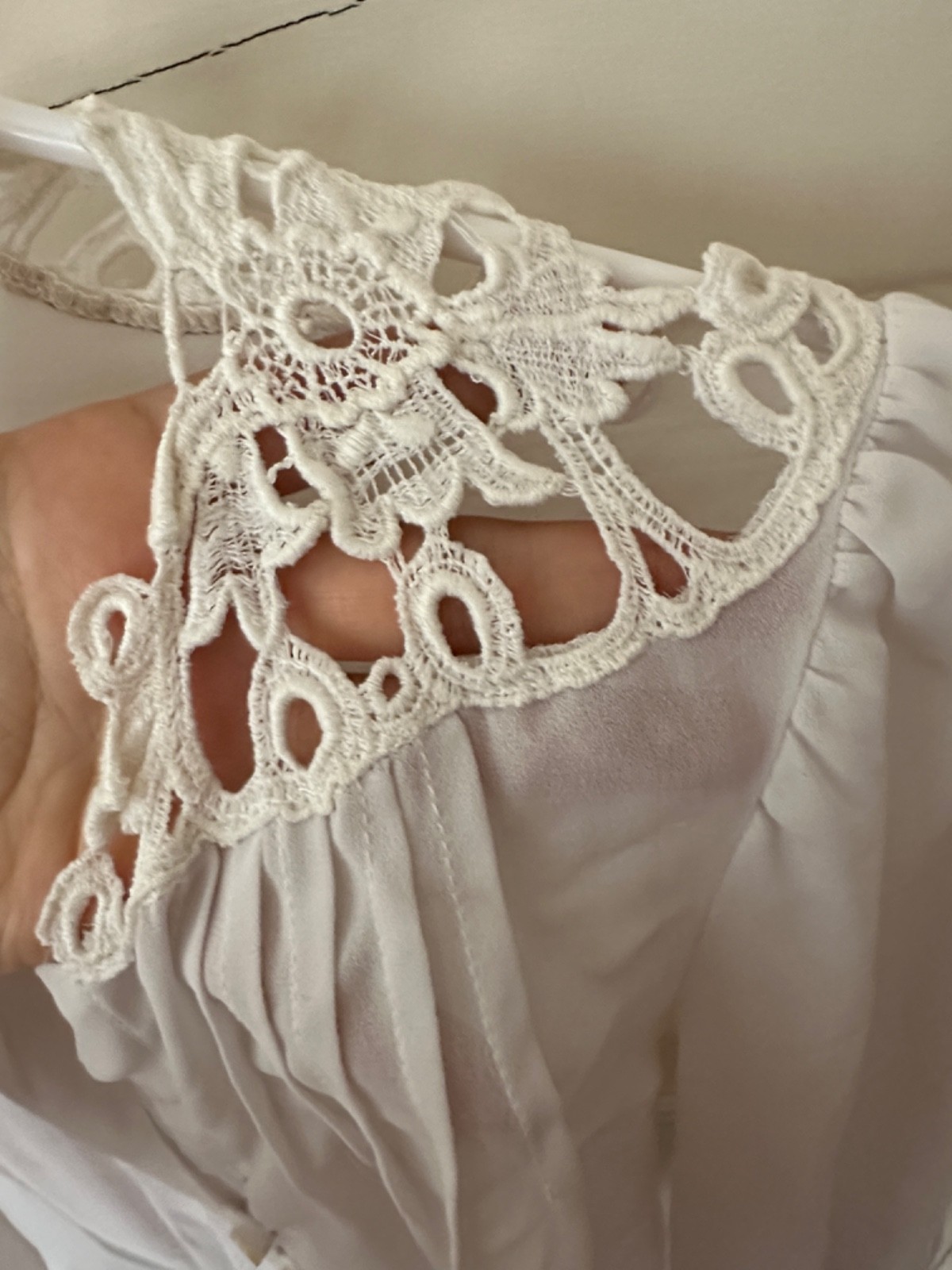 Vintage 70’s Boho Lace Yoke Patchwork Long Cuff Sleeve White Button Up Blouse