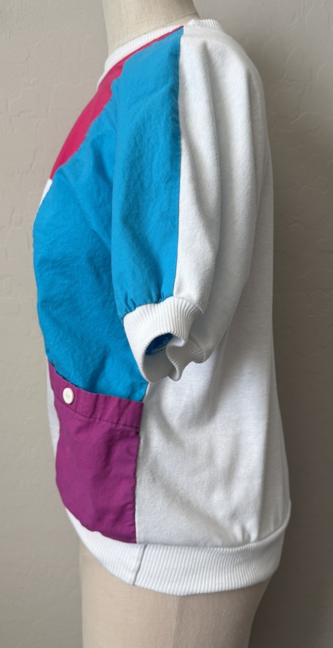 Women’s Vtg 80s Party Color Block Shirt Medium White Teal Pink Purple Costume