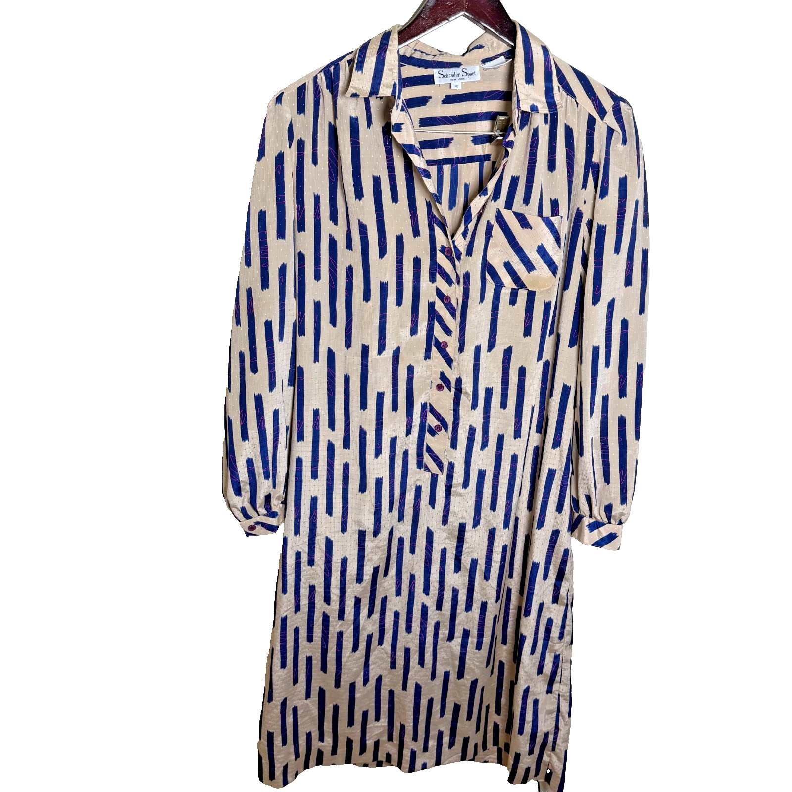 VTG Schrader Sport Women 16 Midi Shirt Dress Blu Stripe Button Retro Lightweight