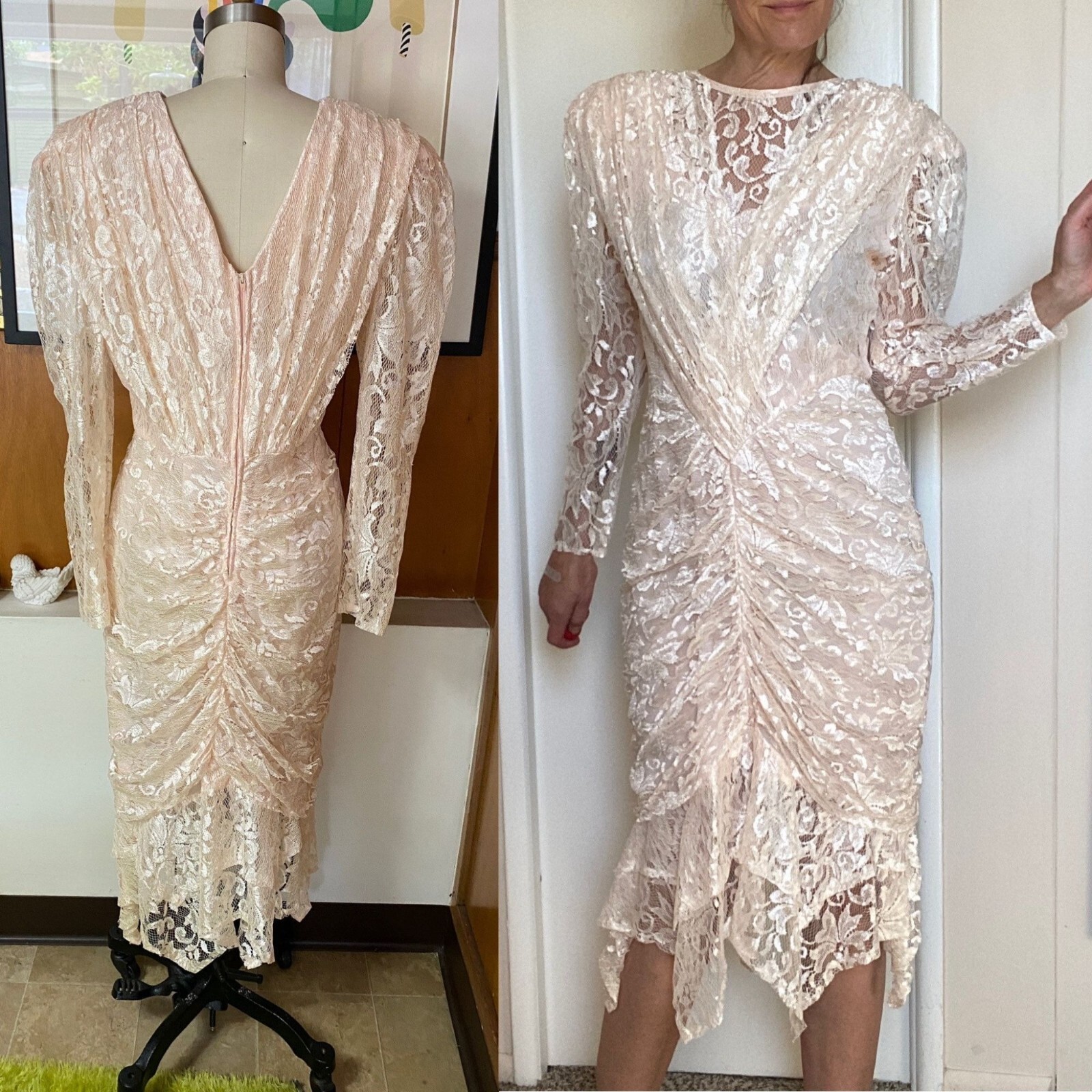 VTG 80’s A La Carte Lace pink Dress lace Sz 6 8 L M white 90’s