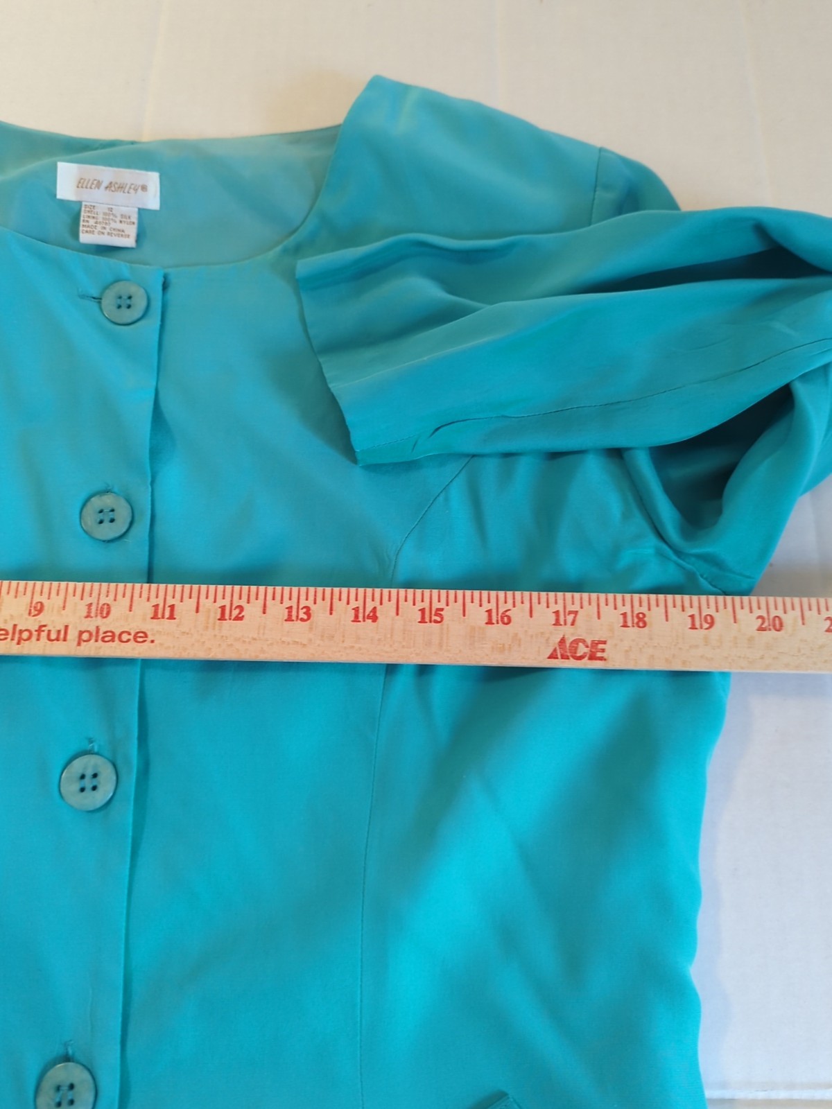 Vintage 80’s Silk Dress Size 12 Turquoise Lg Sleeve Button Up Wedding Guest Chic