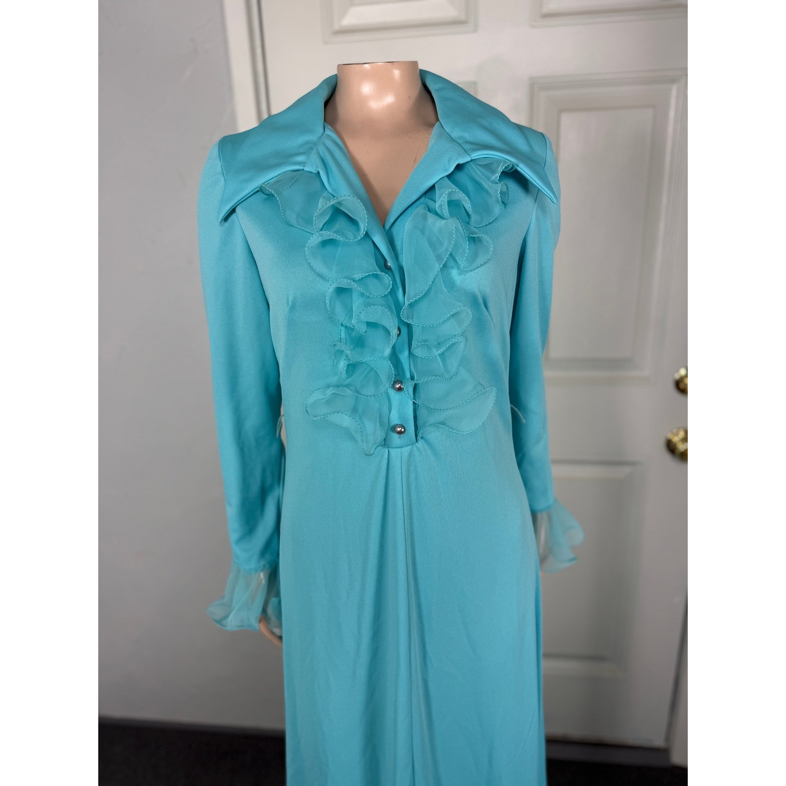 Vintage 70s Dress Bridesmaid Maxi Polyester Knit Party Formal Evening Ruffle NN3