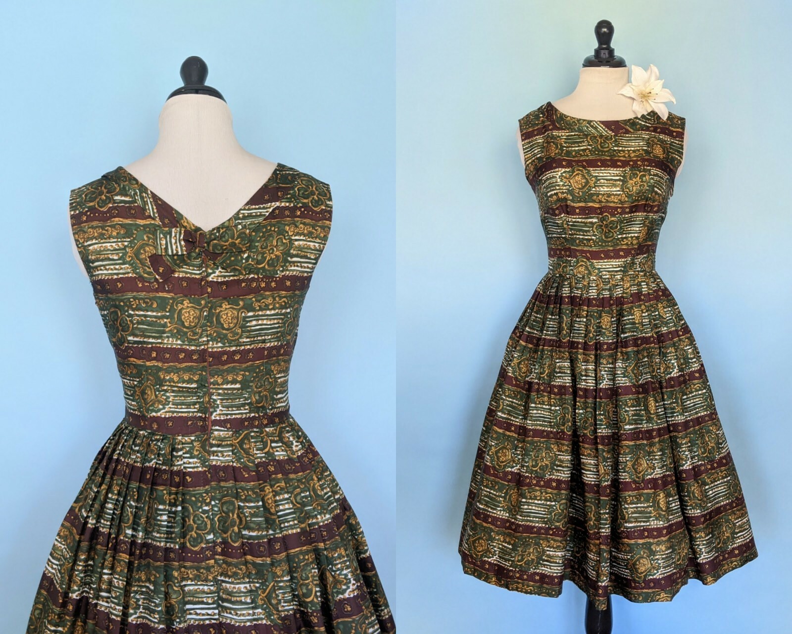 Vintage 50s Novelty Print Silk Day Dress, 1950s Striped Party Dress