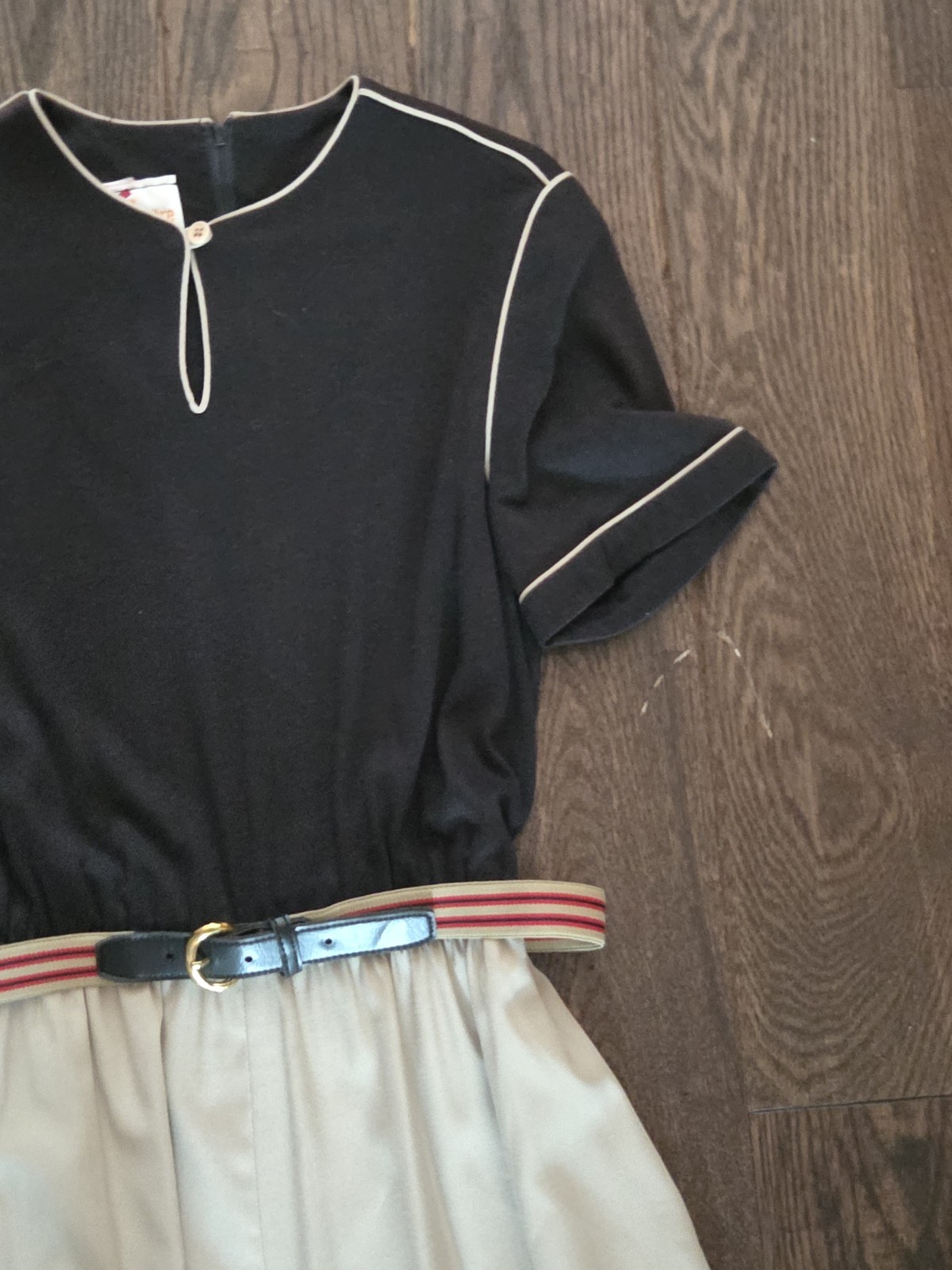 Vintage Newton Centre Dress Size 12 Black Ivory Colorblock Belted Midi Dress USA