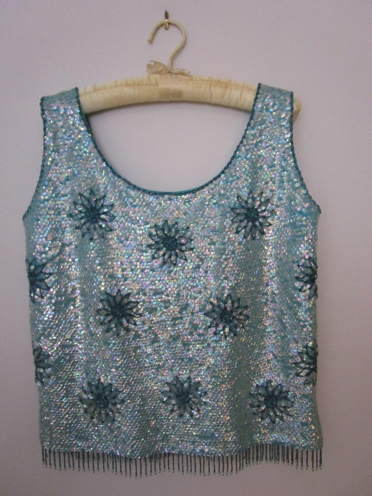 14 Beaded Sequin Vintage Sleeveless Shell Boxy 1960s Metal Zip Flapper Mermaid