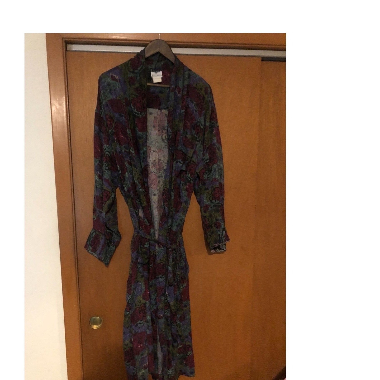 Vintage Neiman Marcus Abstract Floral Robe Burgundy Teal Purple Wrap Tie Waist