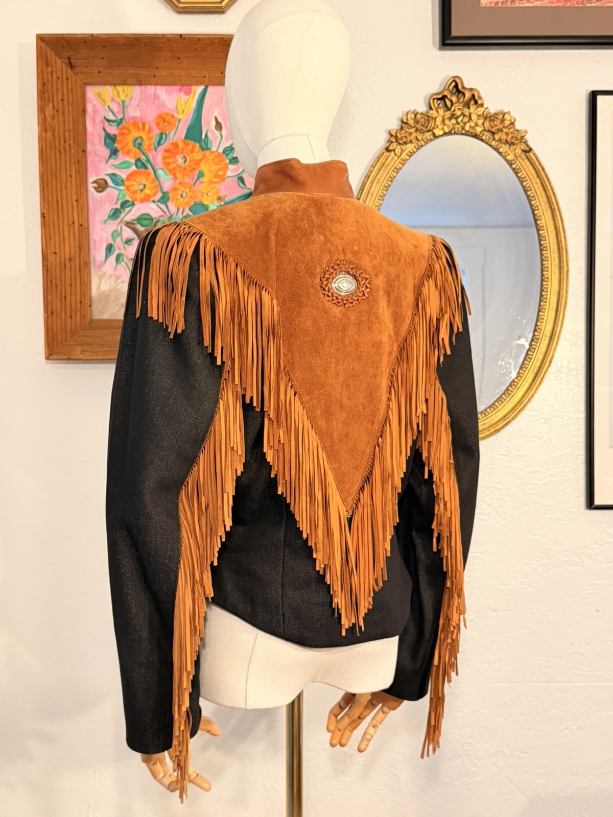 Vintage Diamond Denim & Leather Made In USA Western Fringe Jacket Size 8