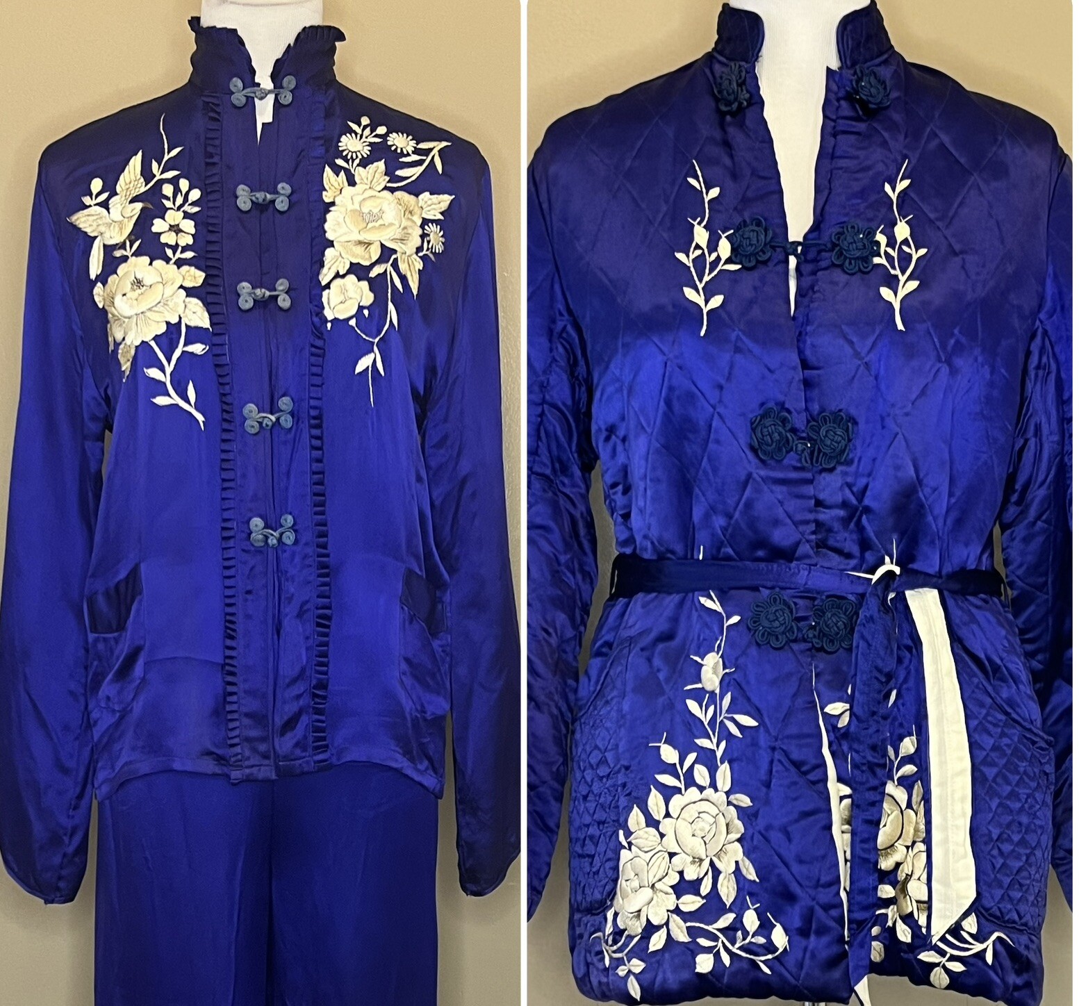 Vtg 50s Japan Quilted Jacket Lounge Set Embroidered Blue Satin Sun Bros Asian