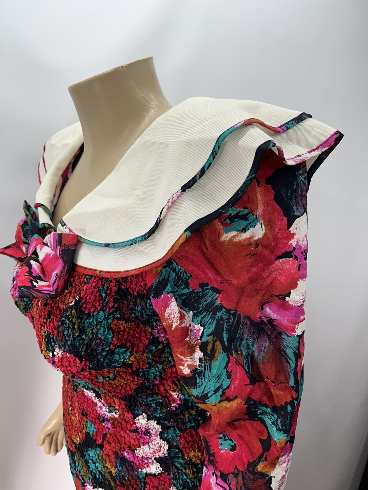 Vtg 80s Midi Tea Dress Smocked Floral Shawl Collar Bow Sz 14 LG Shoulder Pads