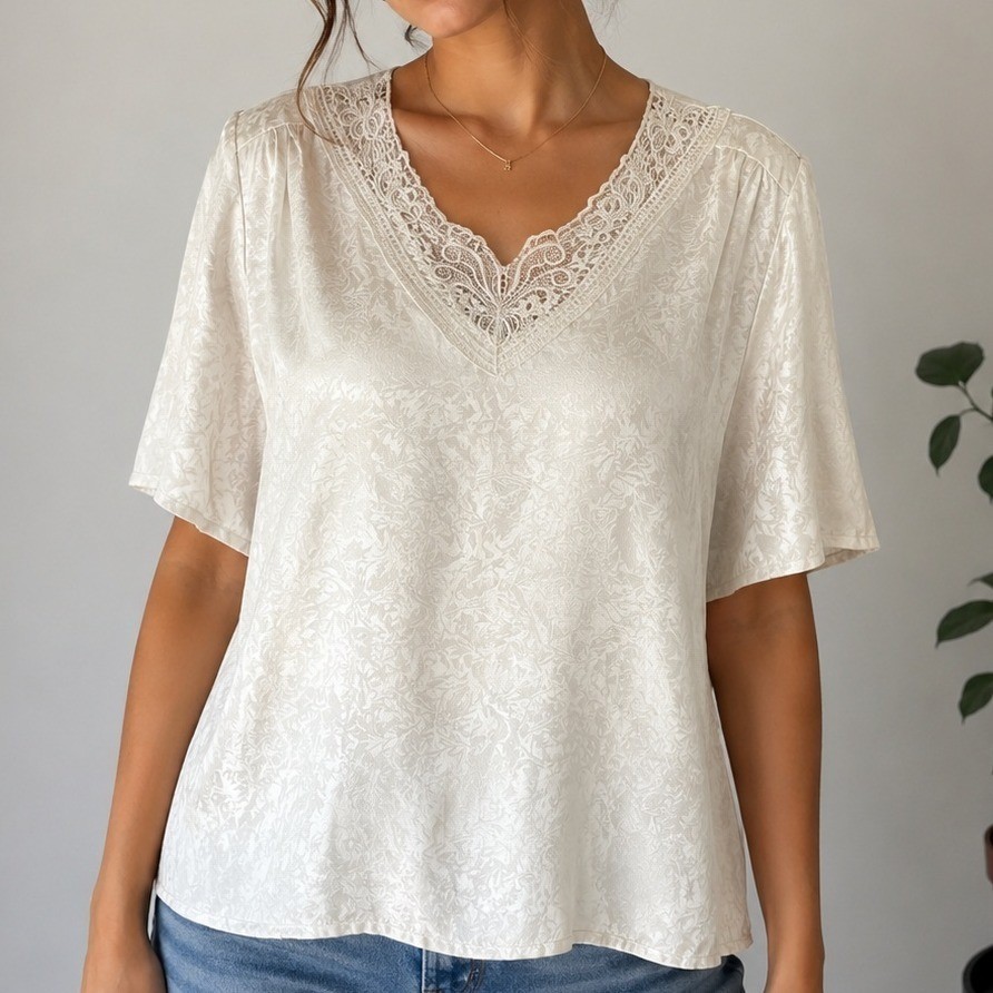 Vintage Woman Motions White Jacquard Blouse Womens XL Lace Shoulder Pads Retro
