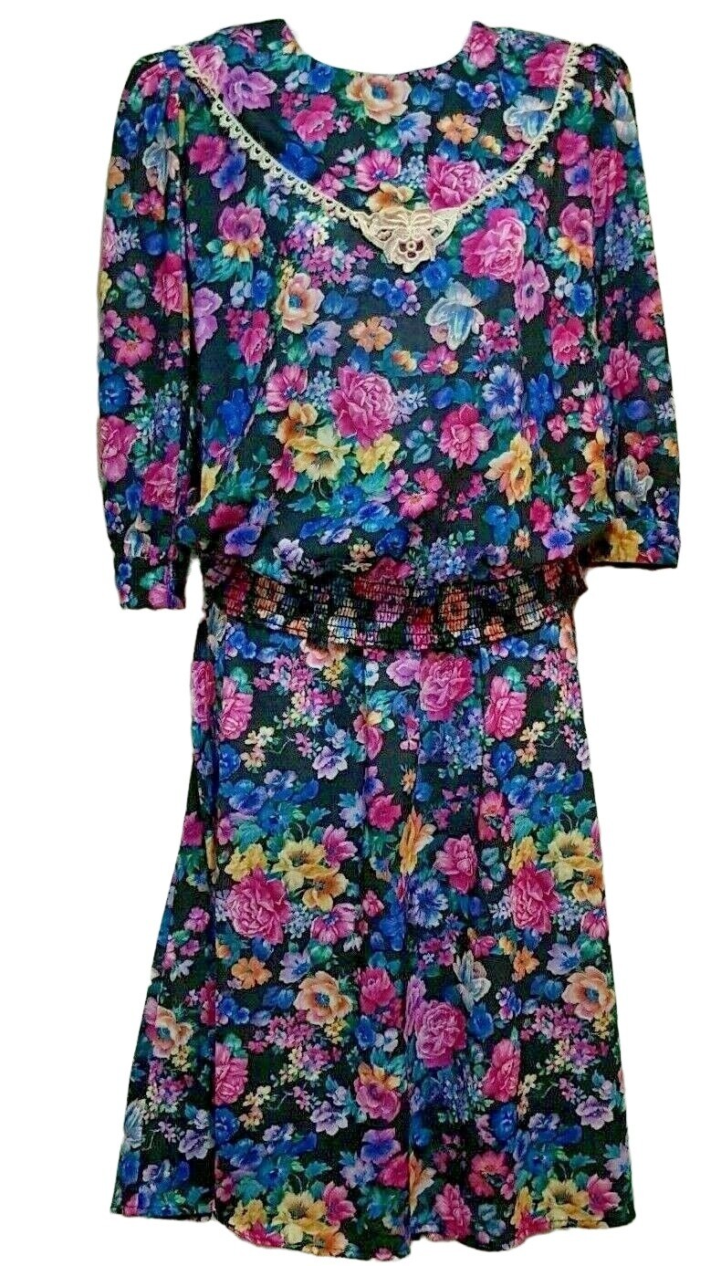 Tabby Dress Women’s 12 Vintage Two-piece Floral 3/4 Sleeve Midi Elastic Waist
