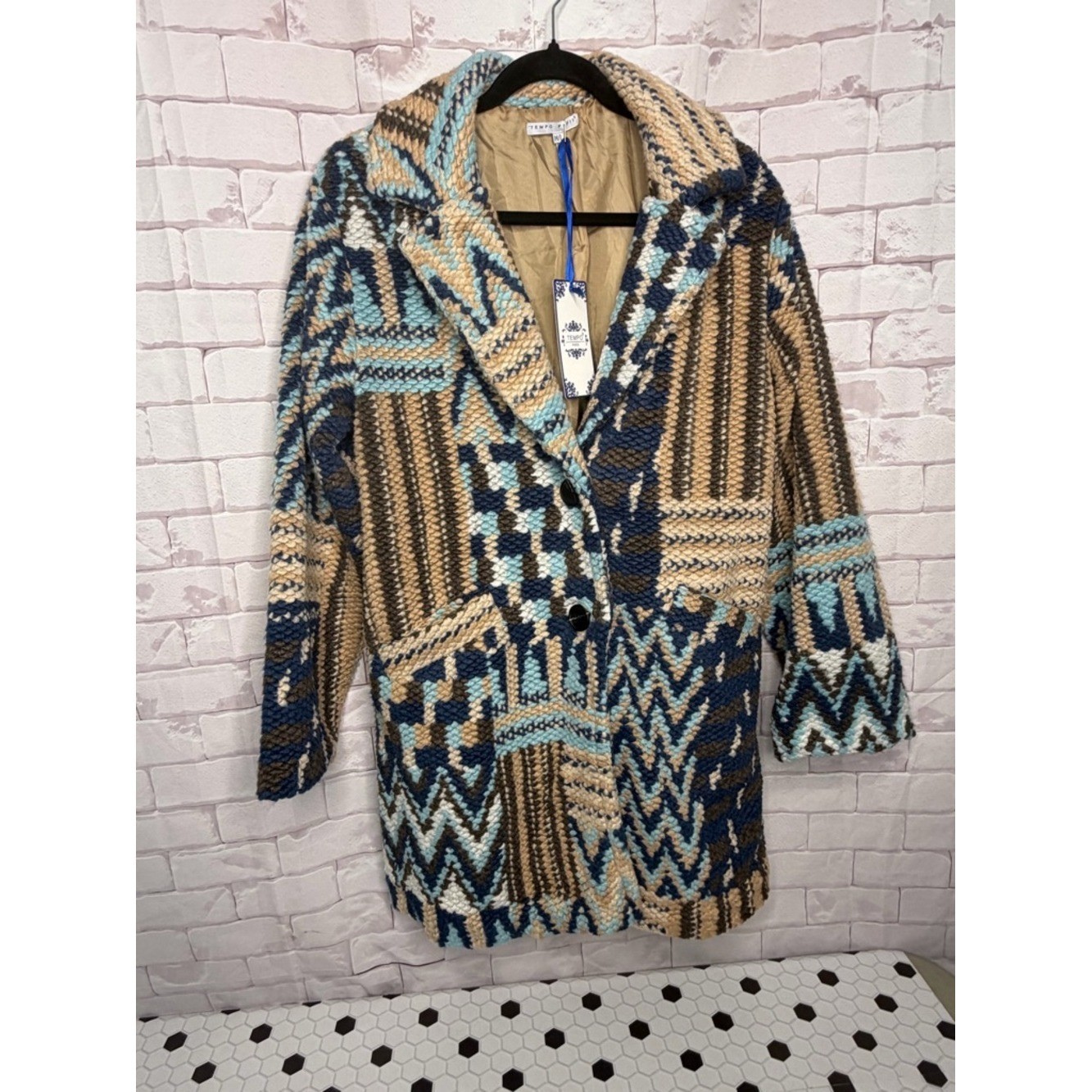 Tempo Paris Chunky Knit Patchwork Coat Neutral Blue Boho Aztec Jacket Sz Med/Lg
