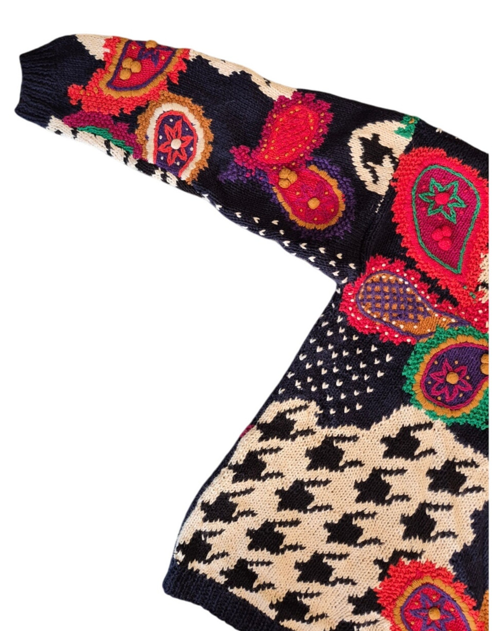 VTG 80s Knitting Needles Houndstooth Paisley Intarsia Sweater S/M Ramie Cotton