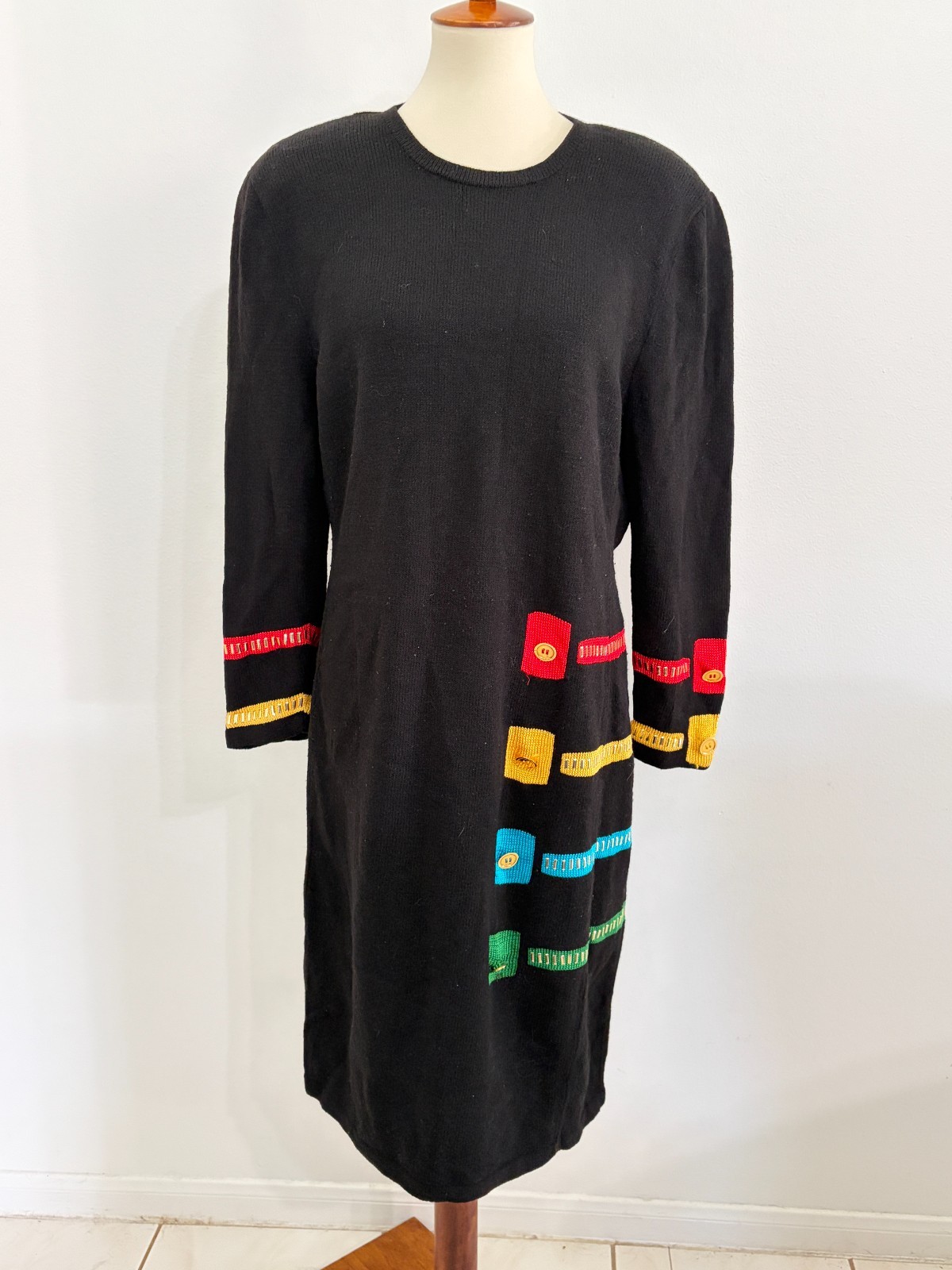 Jennifer Roberts Women Black Wool Knit Sweater Dress Vintage 16 W Plus 80s 90s
