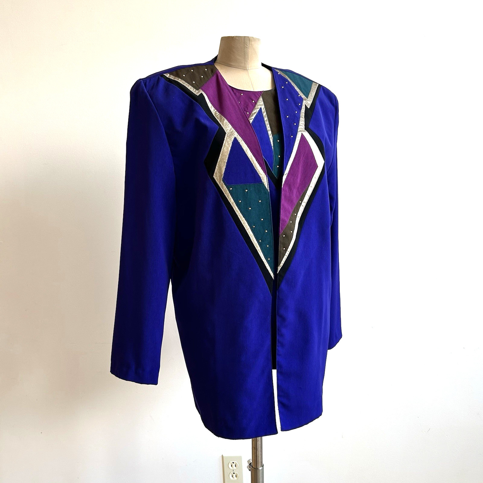 Vintage 80s City Girl 3 Piece Suit Embroidered Patchwork Jacket Blouse Pants M