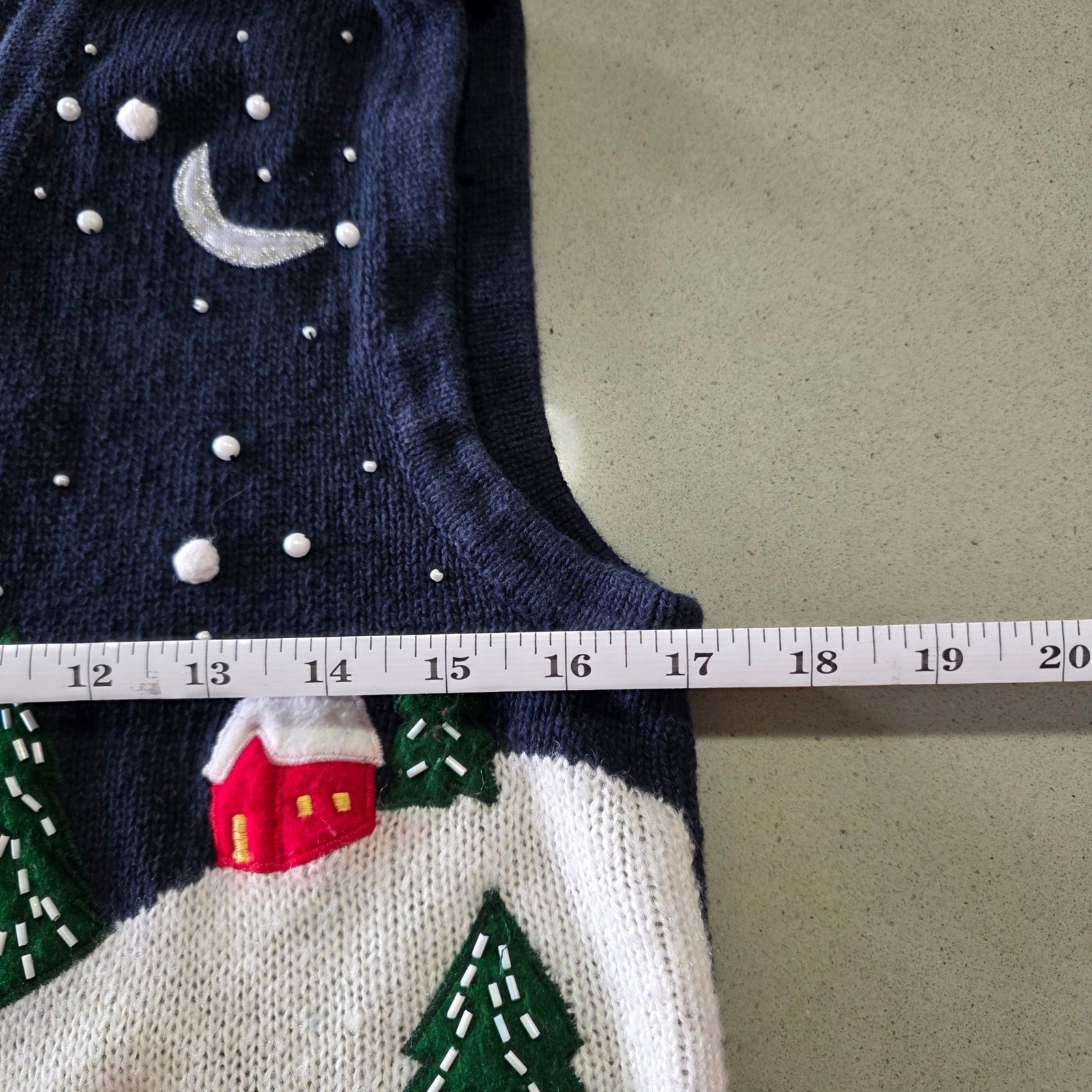 Vintage Winter Skiing Teddy Bear Sweater Vest Navy Blue Beaded Holiday Small
