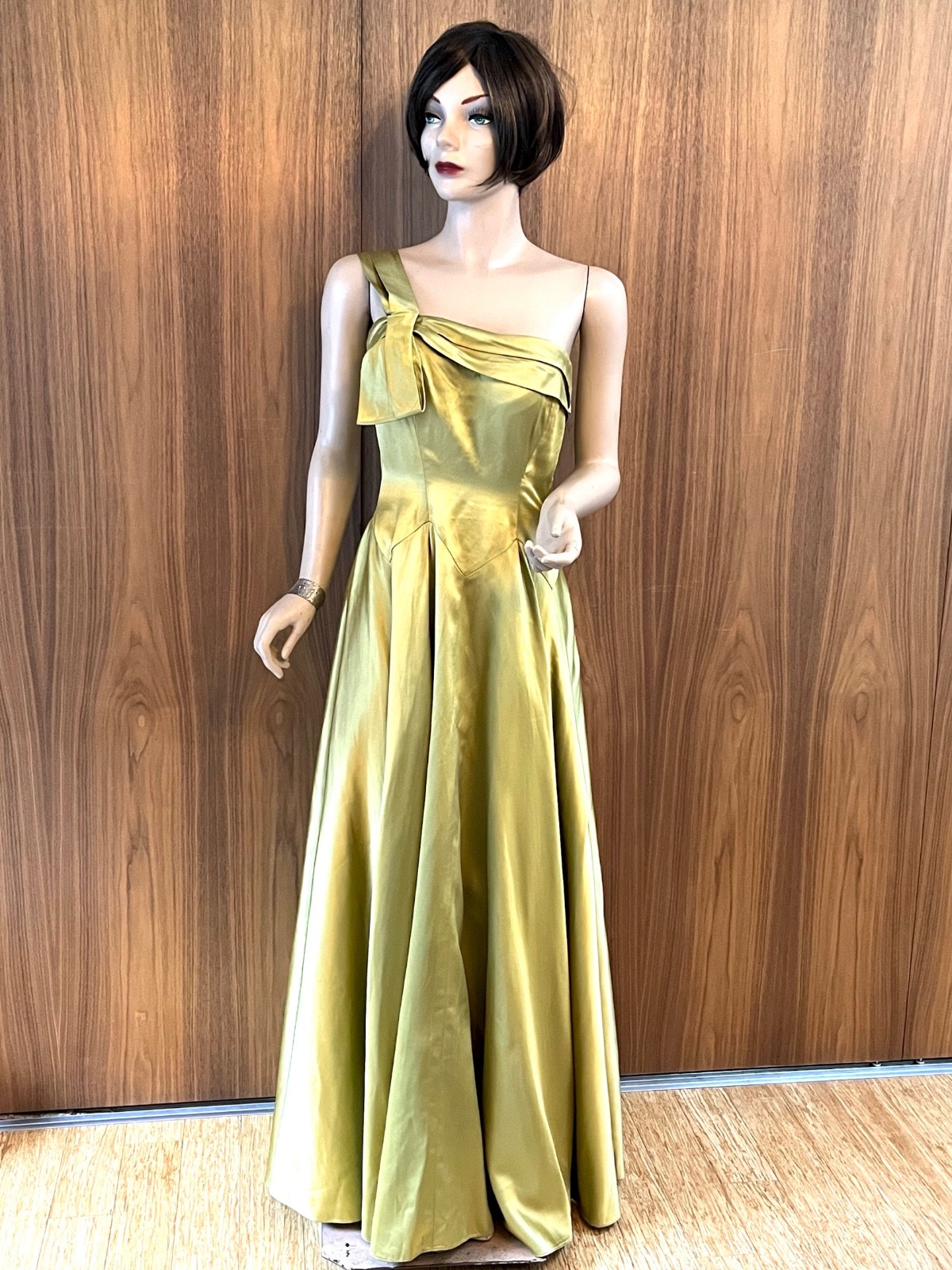 1950s CEIL CHAPMAN Silk Satin Gown Green Gold One Shoulder Full Skirt Dress