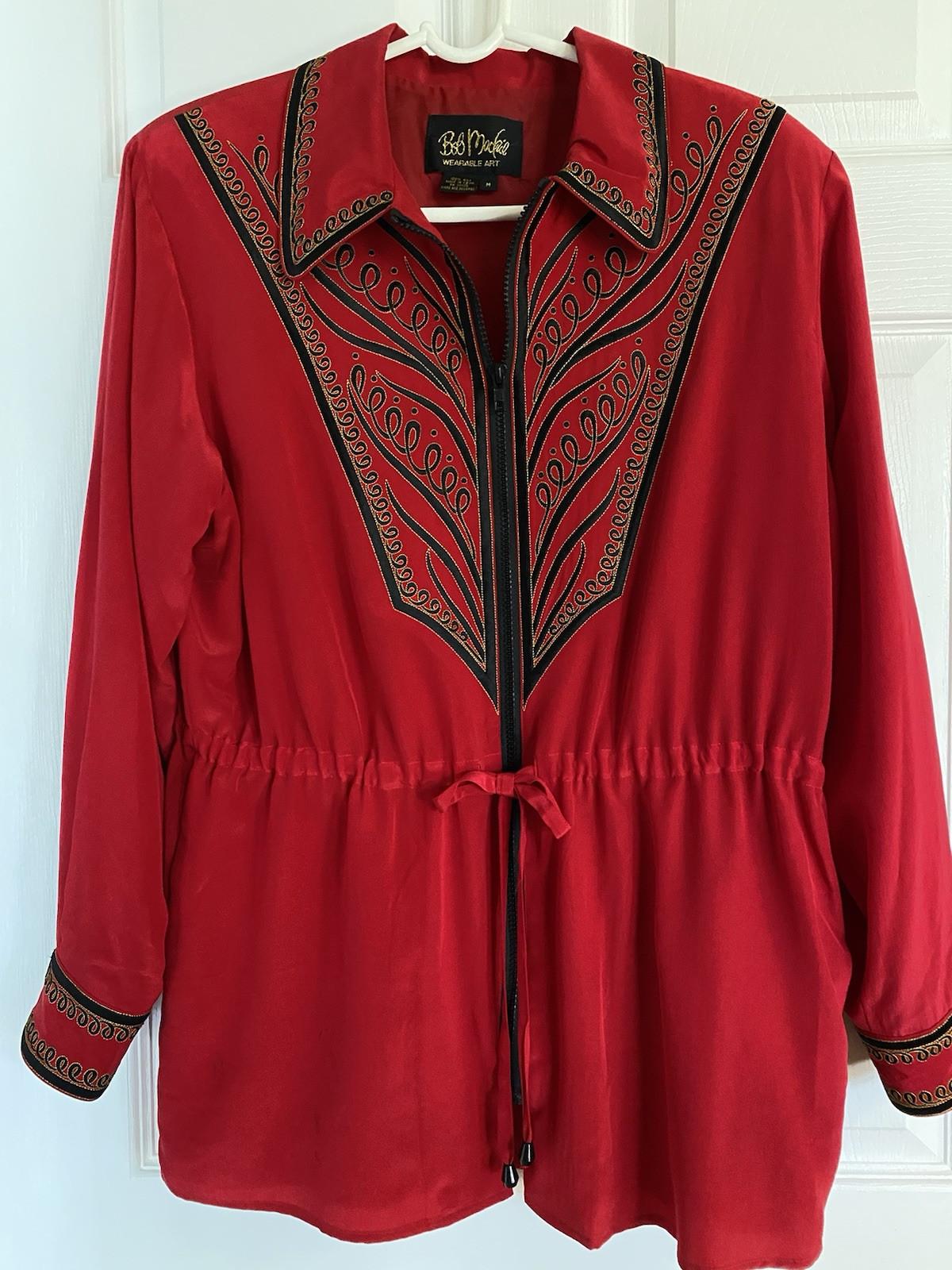 Vtg Bob Mackie Wearable Art 100% Silk Embroidered Zip Top, Drawstring Waist, M