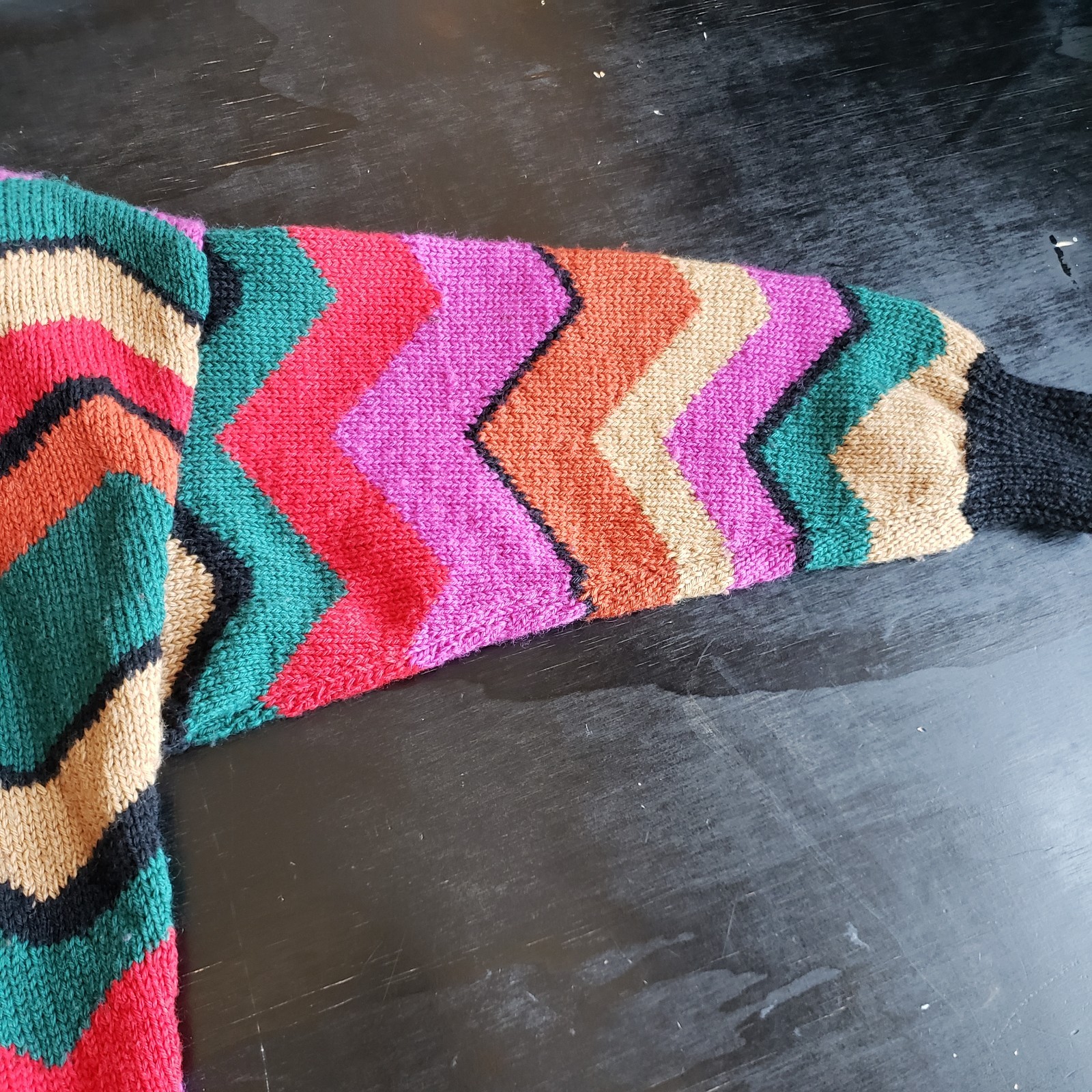 Vintage 80s Sweater M Wool & Mohair Black Bright Roses Stripes Made In England