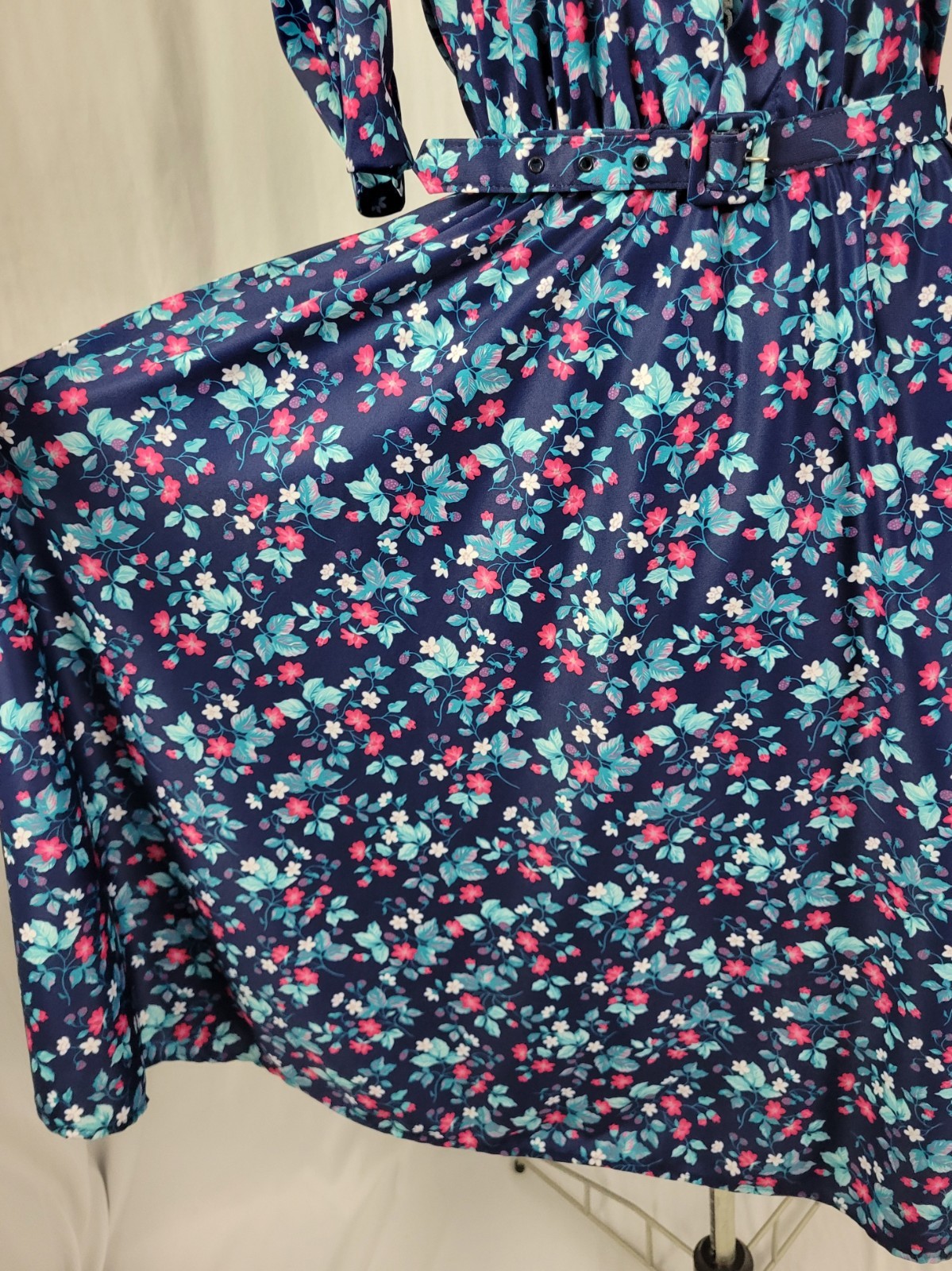 Vintage Whirlaway Blue Floral Dress w White Lace Inset & Matching Belt Size 12