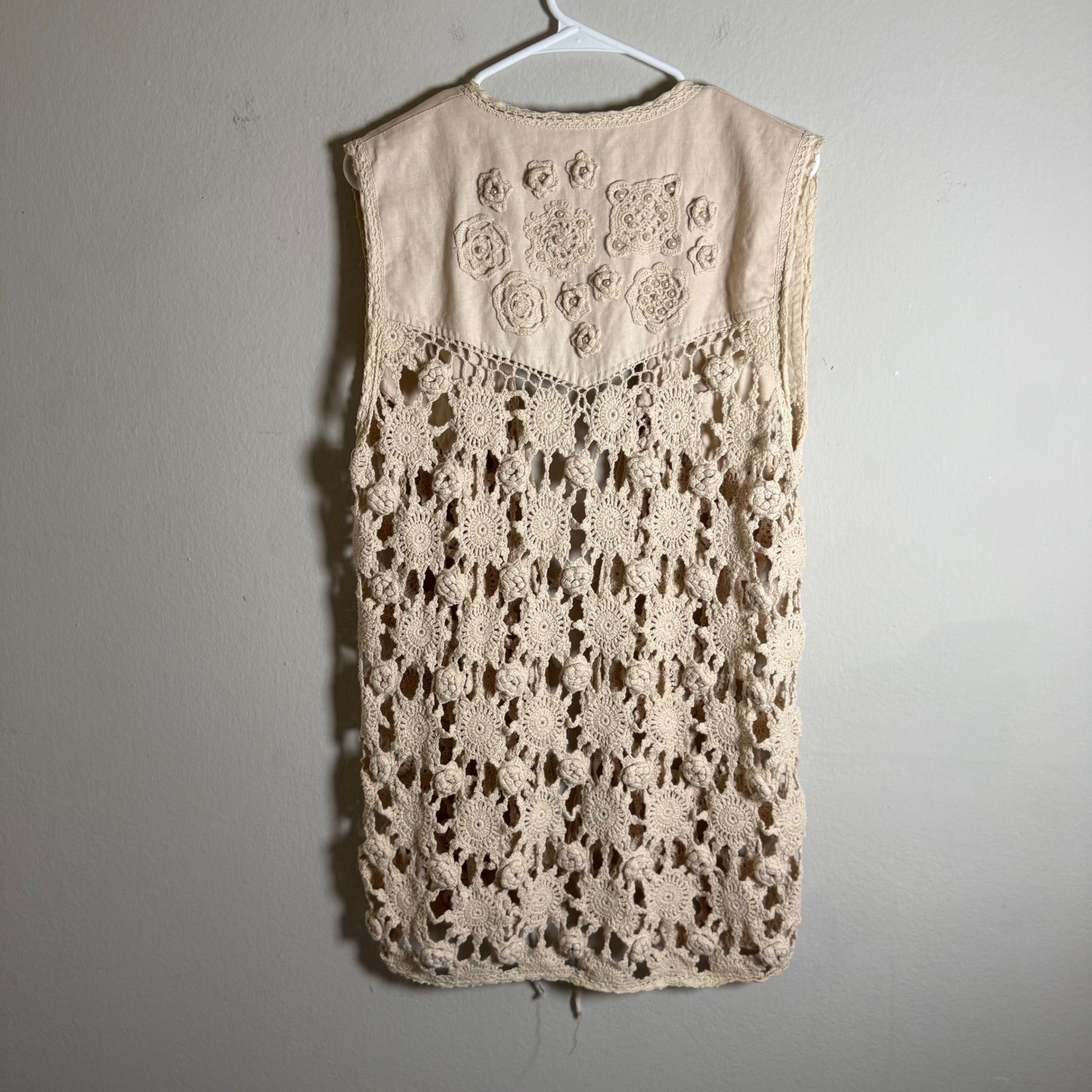 Vintage Kathryn Deene Katy D Crochet Vest Cream Floral Pearl Embellished Boho