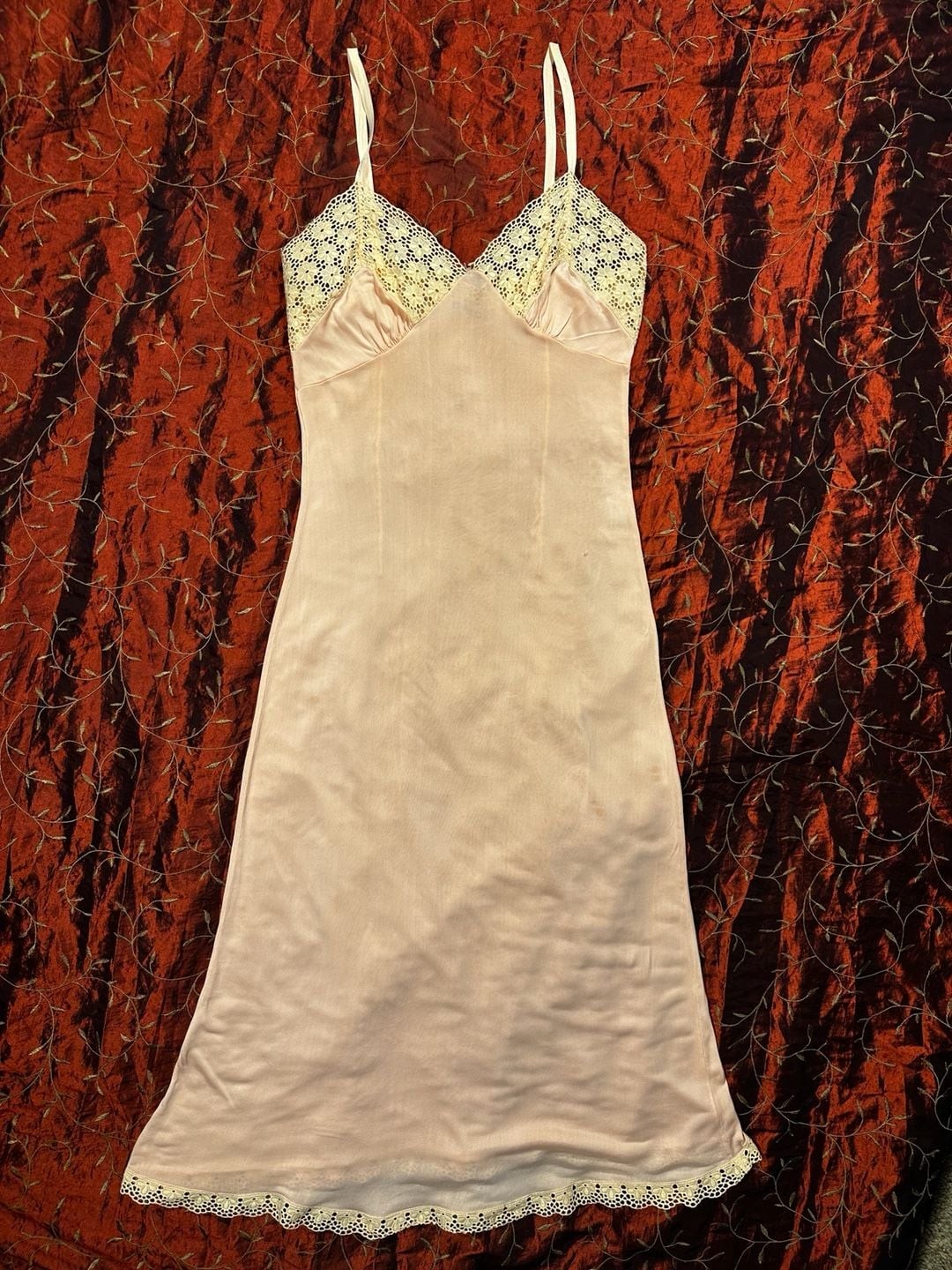 Vintage German Schiesser Peach Lace Trimmed Slip Dress Sz 40