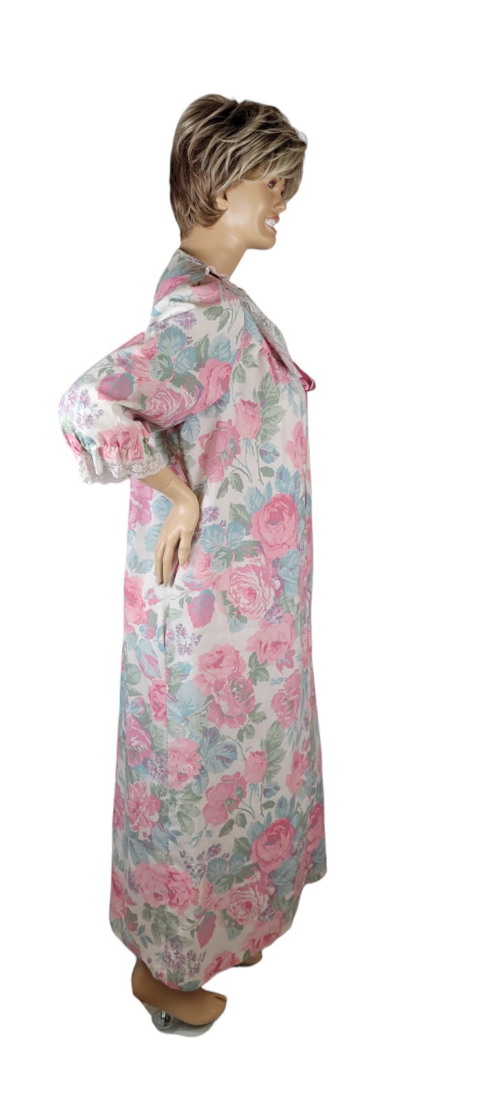 Vintage Wolverine Zip Dressing Gown Robe Pastel Floral Peter Pan Lace Collar L