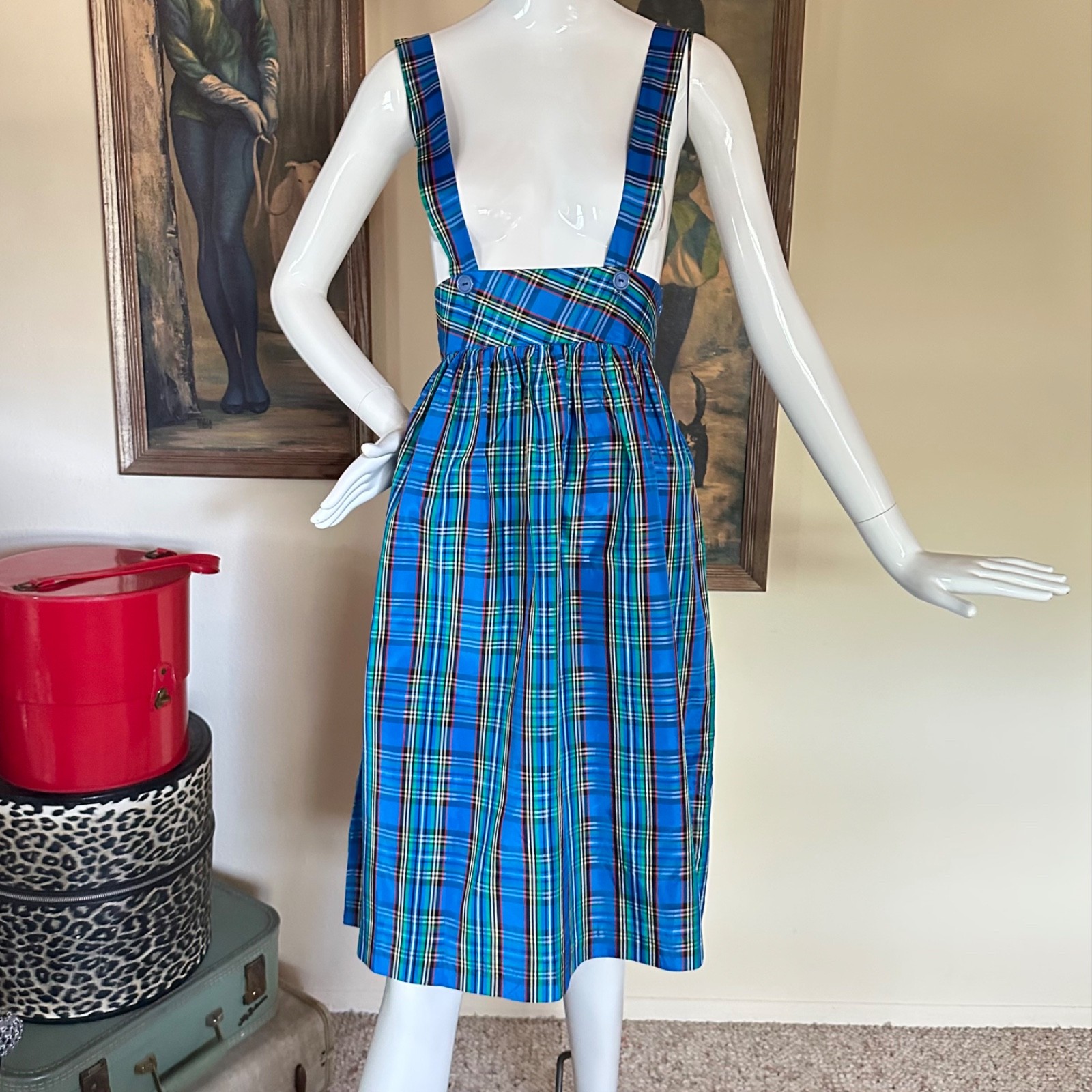 Vintage 1980s Preppy Punk School Uniform Plaid Suspender Jumper Skirt Dress S