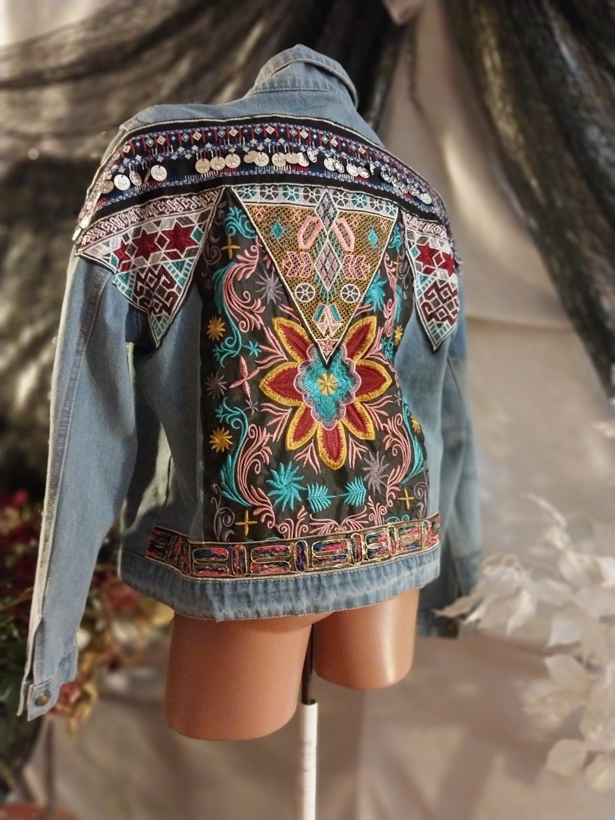 VTG Y2K 90’S BOHO Embroidered Denim Jacket Floral Embellished Tribal Pyramid SEE
