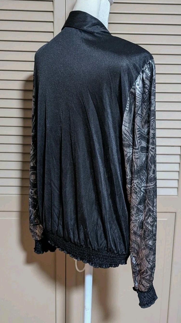 Vtg 80s Lori of CA Casuals Blouse Top Shirt Black And Silver Metallic Disco 12