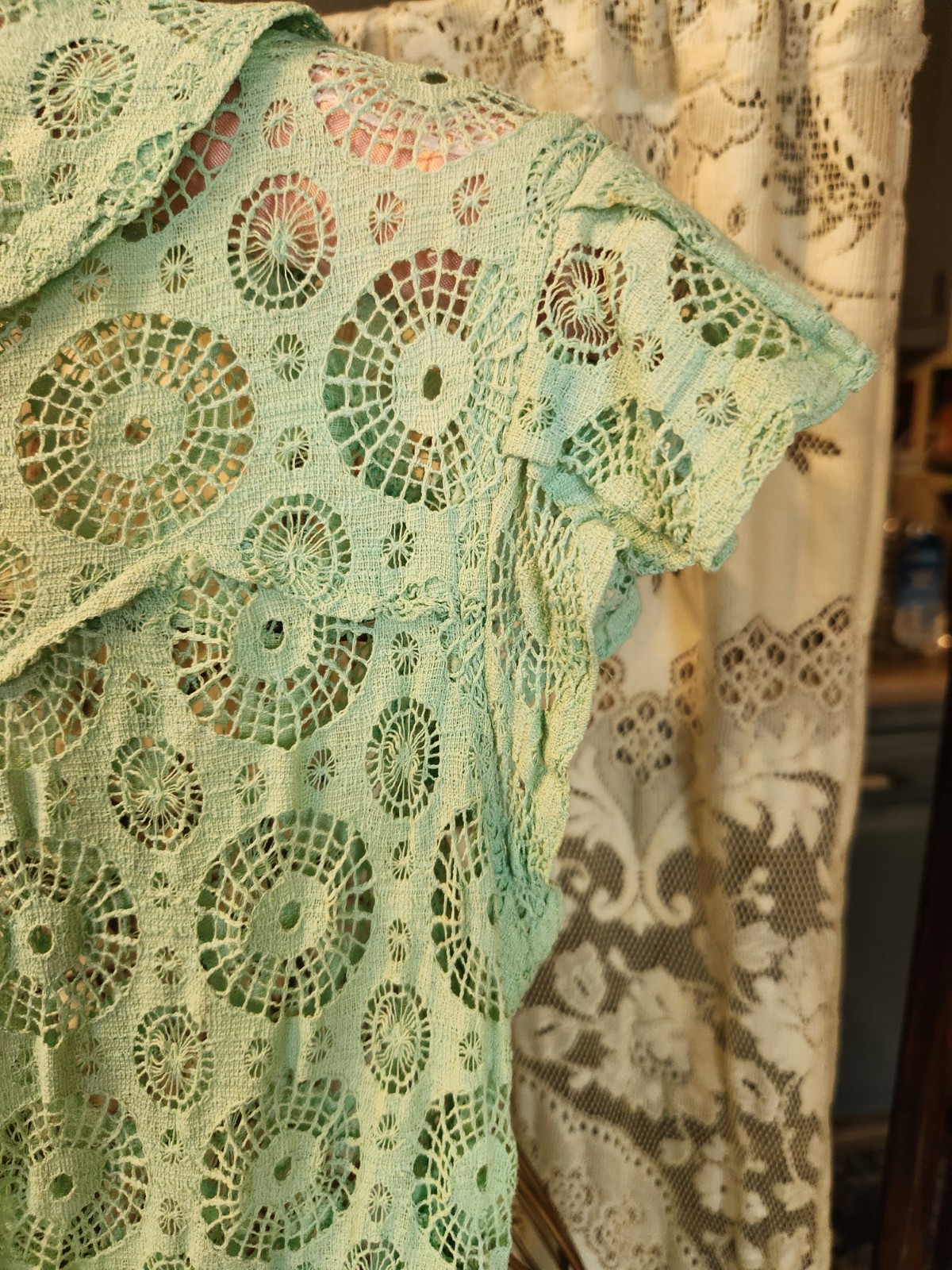 1930s Aqua Cotton Crochet Lace Dress with Cap Sleeves and Pockets XS
