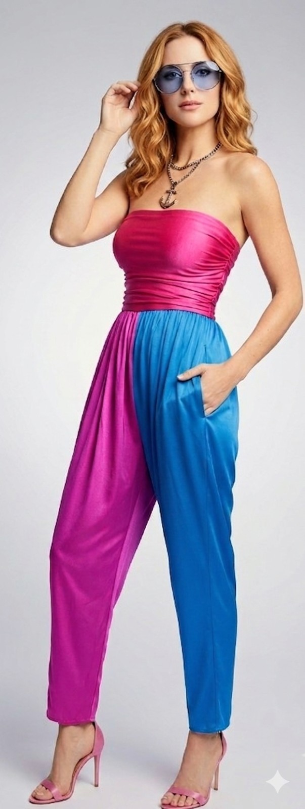 Vintage 70’s Funky Rare Color Block Disco Strapless Jumpsuit Ruched Pockets XS