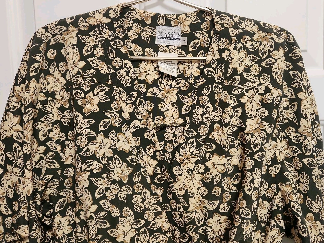 Classics by Leslie Fay Wrap-Around Dress ~ Green Beige Floral Print ~ Size 12