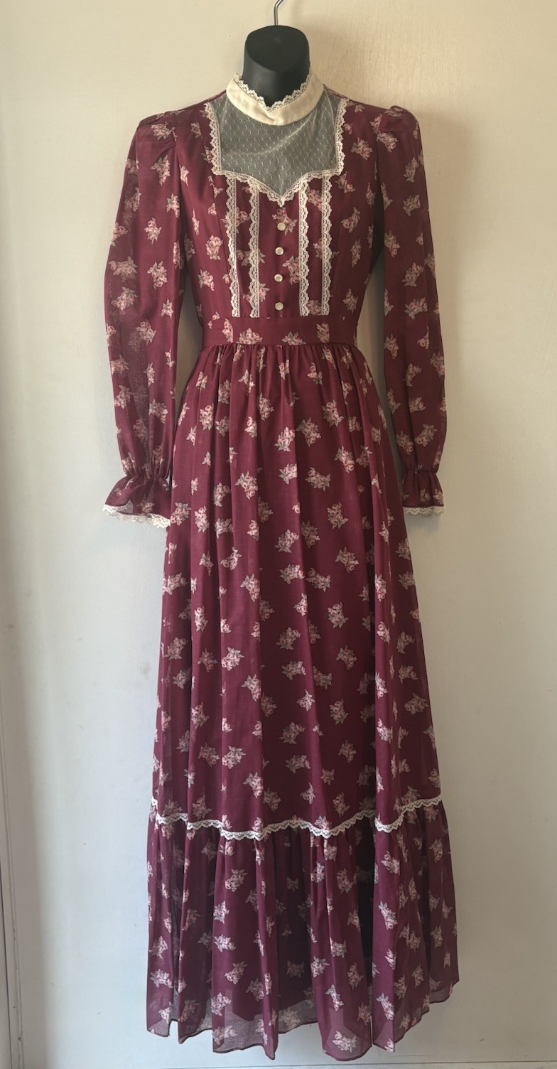 VTG Candi Jones California Prairie Dress High Neck Maxi Cottagecore Lace SZ 2/4