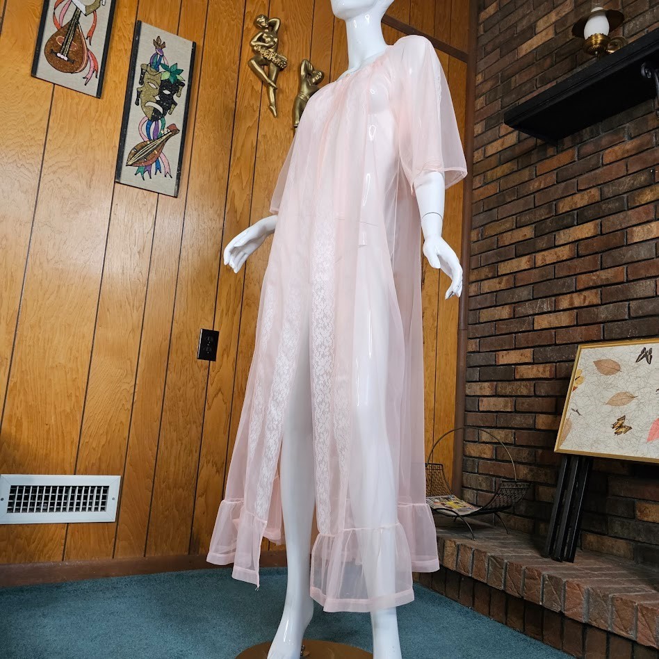 Vtg 50s Juicy Peach Cheesecake Pin-Up Sheer Chiffon Lace Peignoir Maxi Robe OSFM