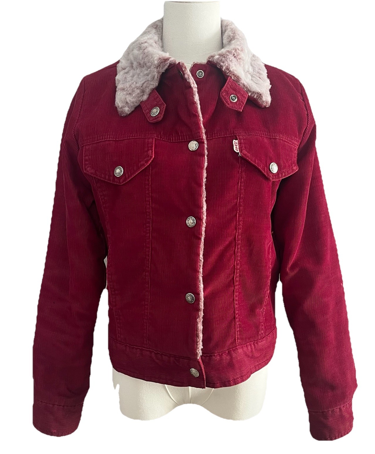 Vintage Levis Corduroy Trucker Jacket Womens Size Med Red Sherpa Lined USA 70s
