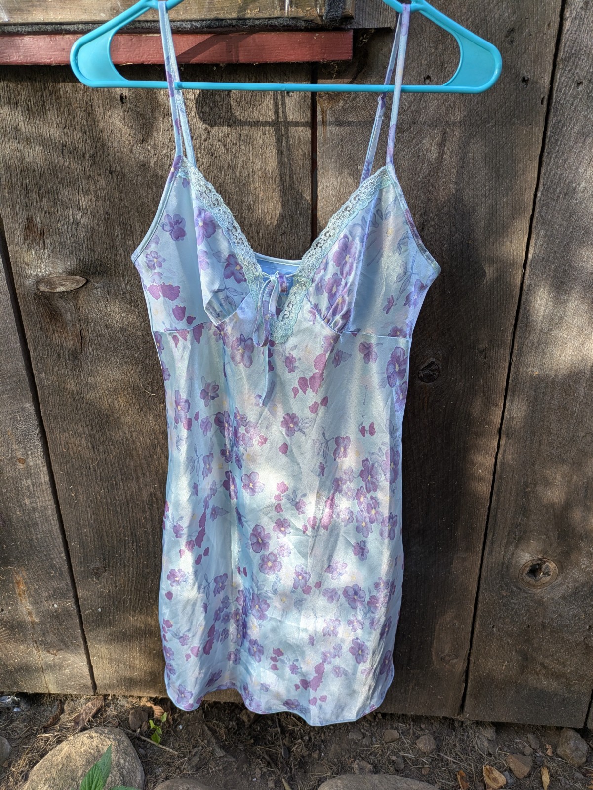 Warner’s Sleepwear Slip Dress Lingerie Blue Floral Babydoll Bow Front 90’s Y2K