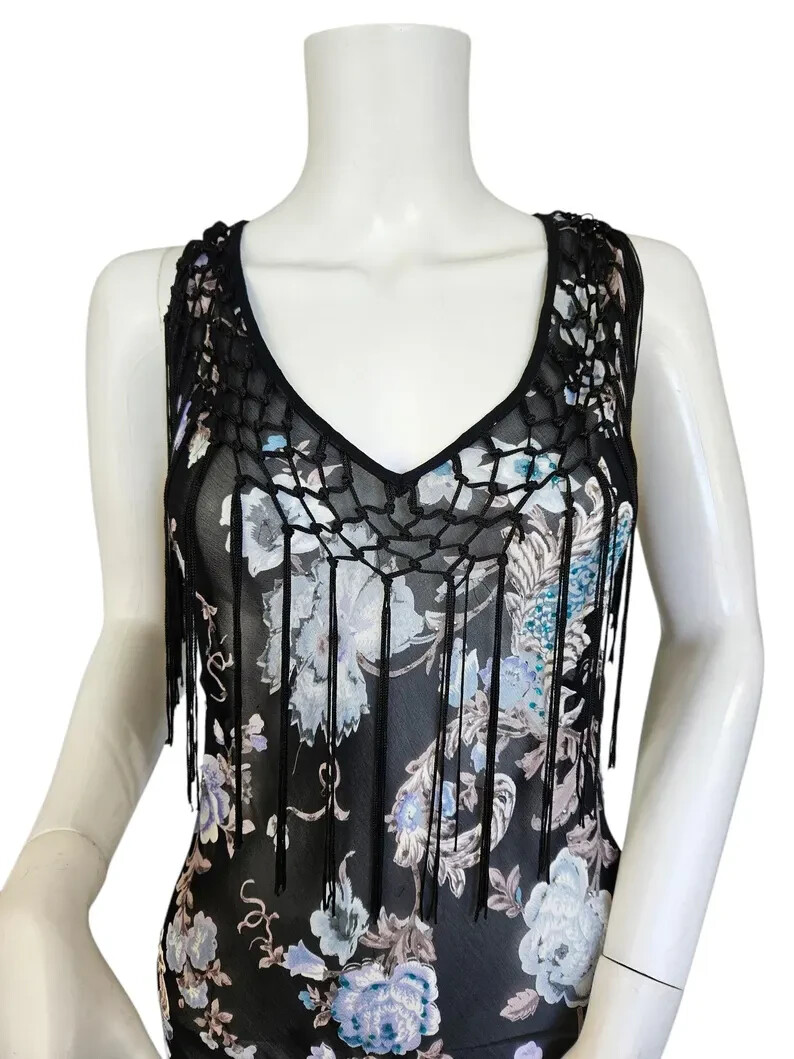 Temptations 1990 Black Rayon Gauze Floral Bias Cut Dress XL Piano Shawl Fringe