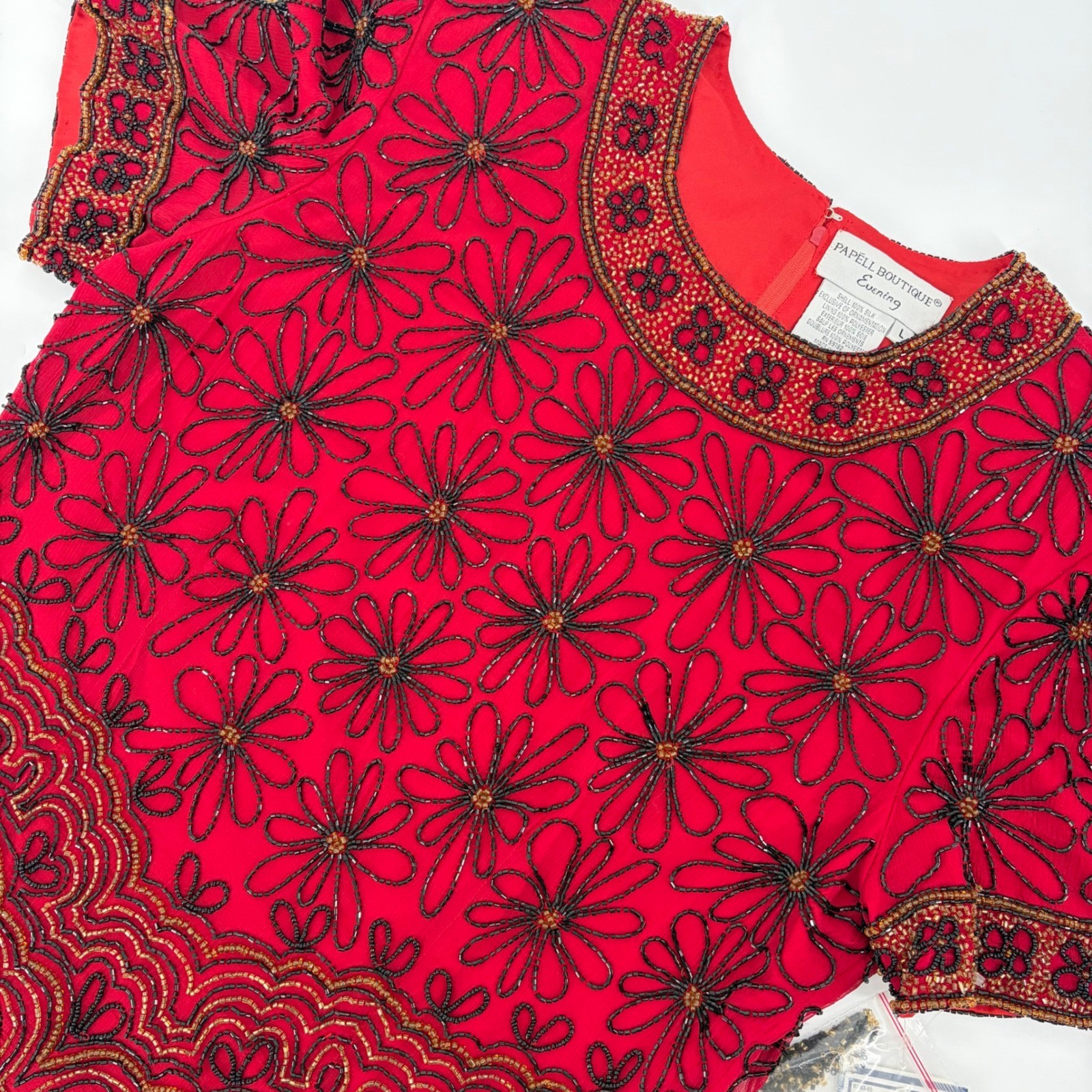 Papell Boutique Evening Top Women Large Red Silk Beaded Floral Vintage Glam
